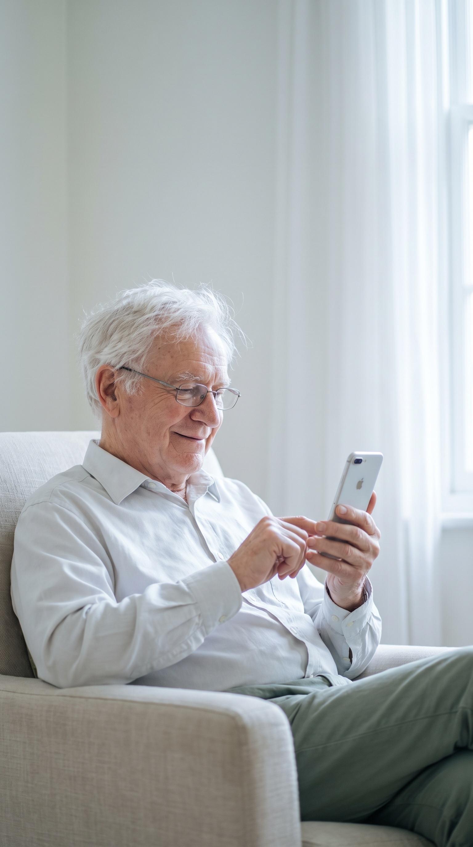 A man in his late 70s with white hair and glasses sits in a light armchair, smiling as he taps his phone.