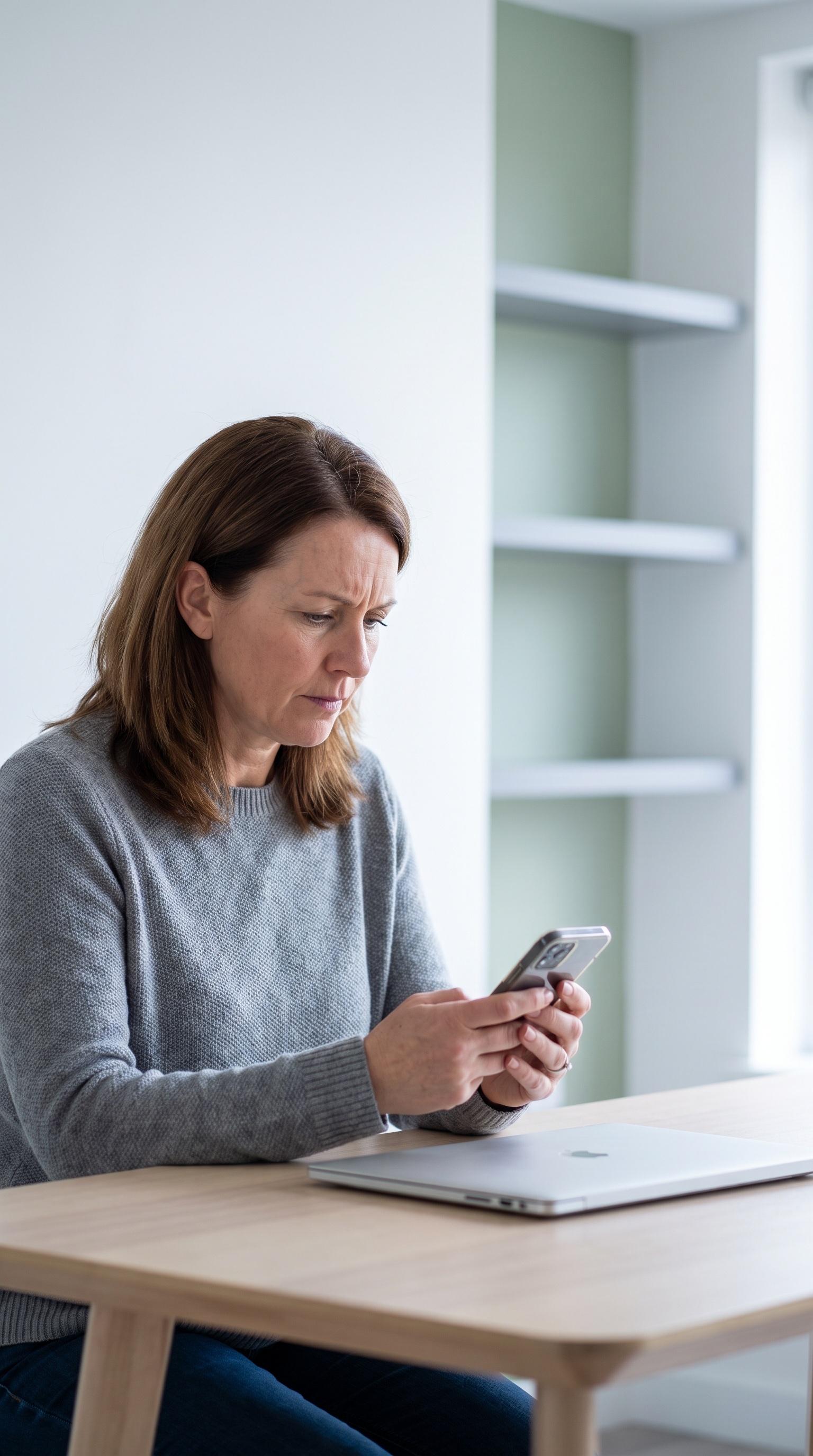 A woman in her 40s sits at a table with her laptop open, looking at her phone with a concerned expression, waiting to hear back from her mother.