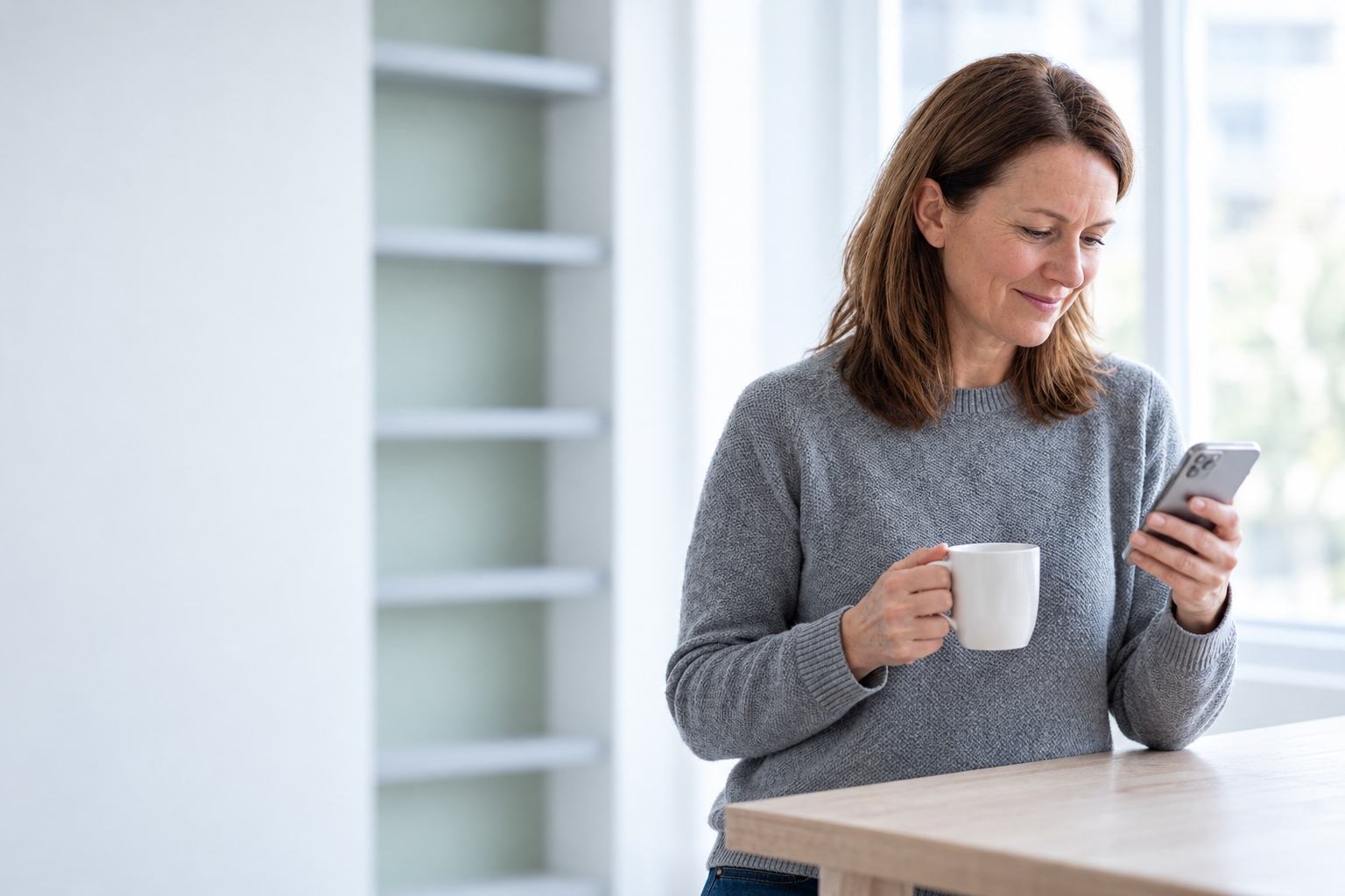 Eine Frau in ihren Vierzigern lächelt morgens bei einer Tasse Kaffee auf ihr Handy.