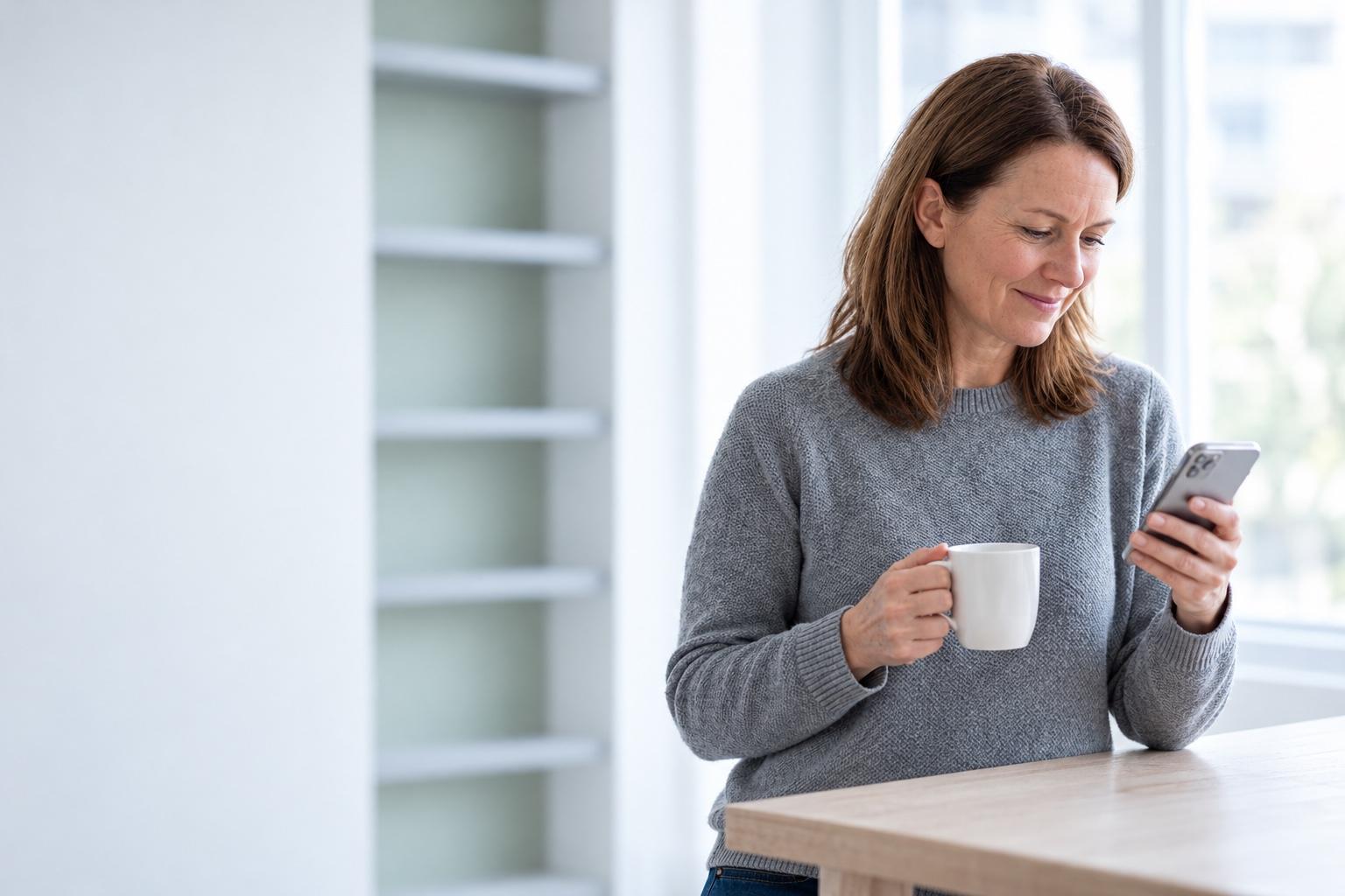 A woman in her 40s in a grey sweater holds a coffee mug and smiles at her phone by a bright window.