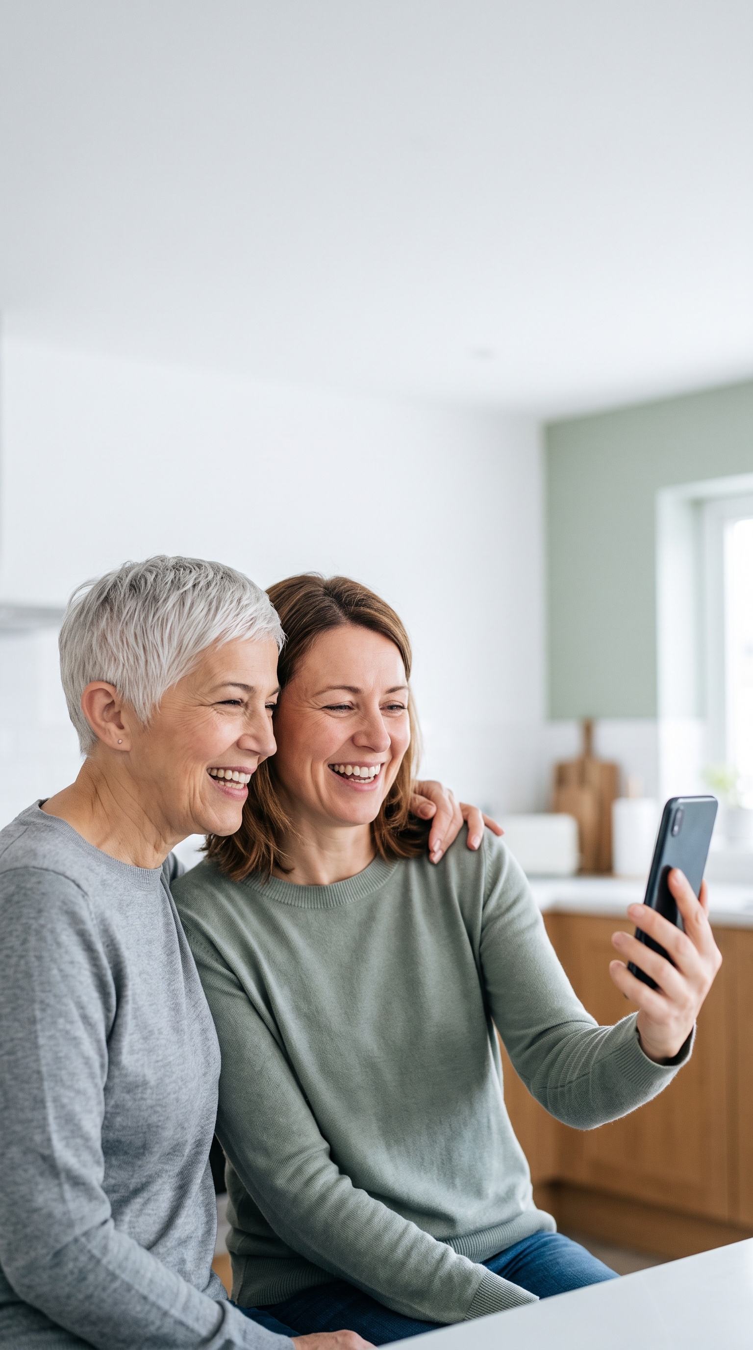 Eine Mutter in ihren Siebzigern und ihre erwachsene Tochter lachen zusammen auf dem Sofa über etwas auf dem Handy.