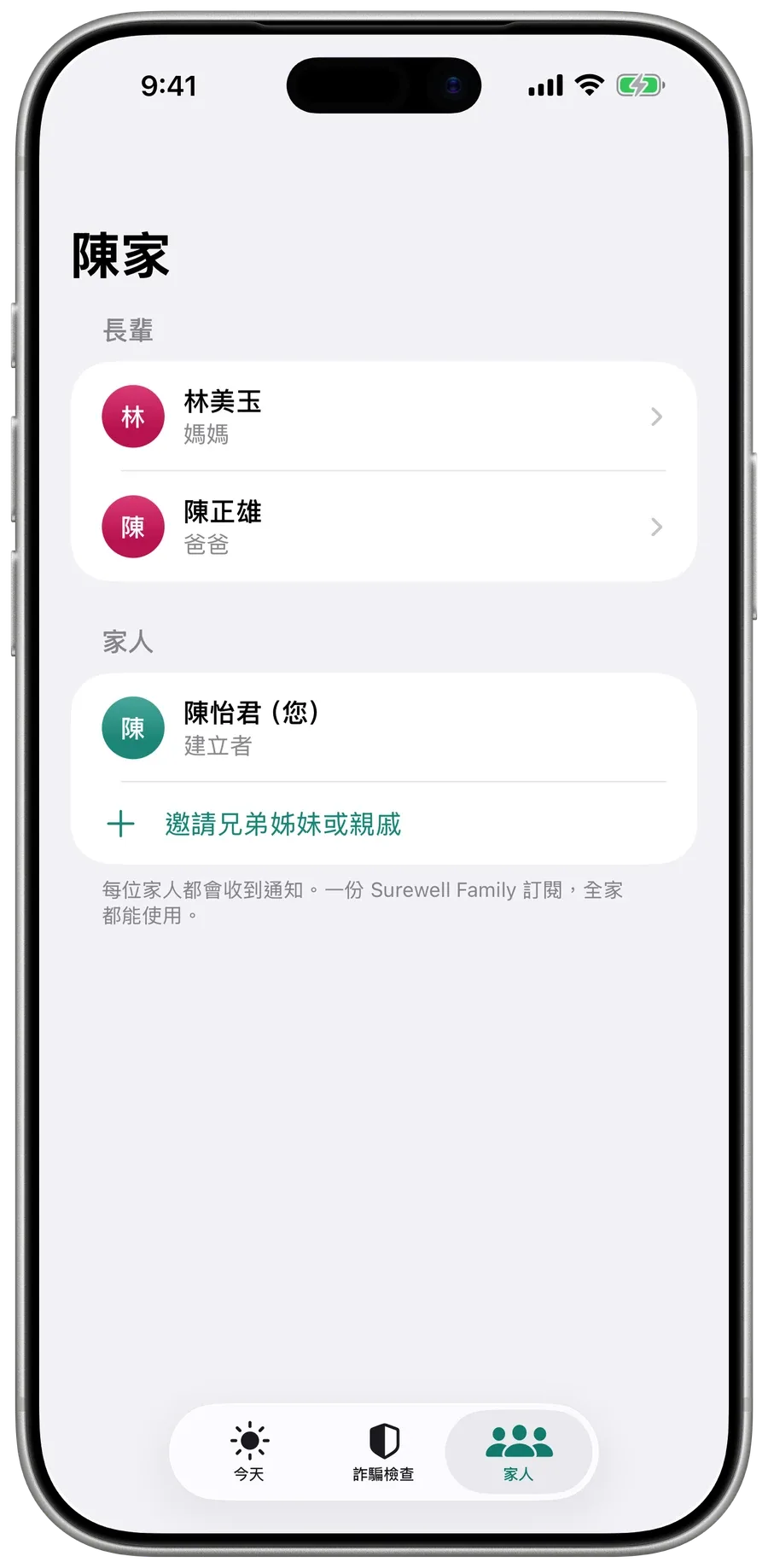 Surewell 的家庭群組：媽媽、爸爸，以及所有關心他們的家人。