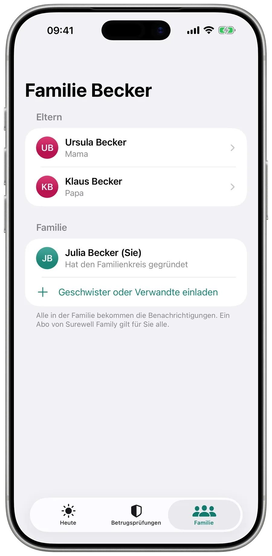 Der Familienkreis in Surewell: Mama, Papa und alle, die für sie da sind.
