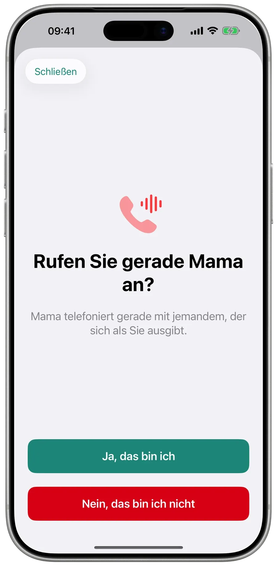 Surewell fragt die Familie: Rufen Sie gerade Mama an? Mit „Ja, das bin ich“ und „Nein, das bin ich nicht“.