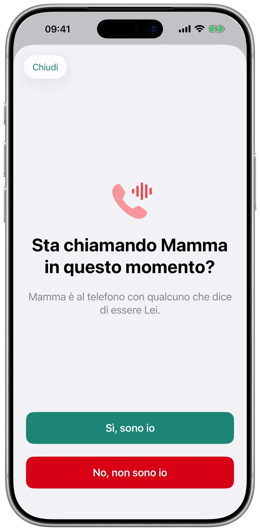 Surewell chiede alla famiglia: Sta chiamando Mamma in questo momento? Con Sì, sono io e No, non sono io.