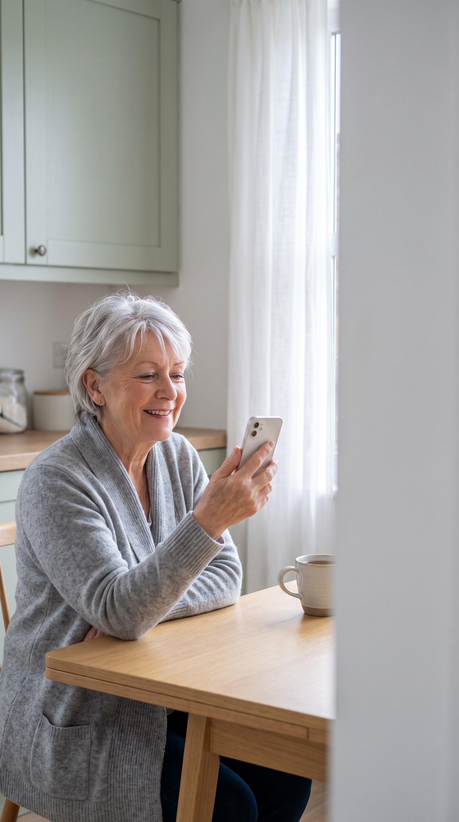 A woman in her 70s in a grey cardigan smiles at her phone at a kitchen table, a mug beside her.