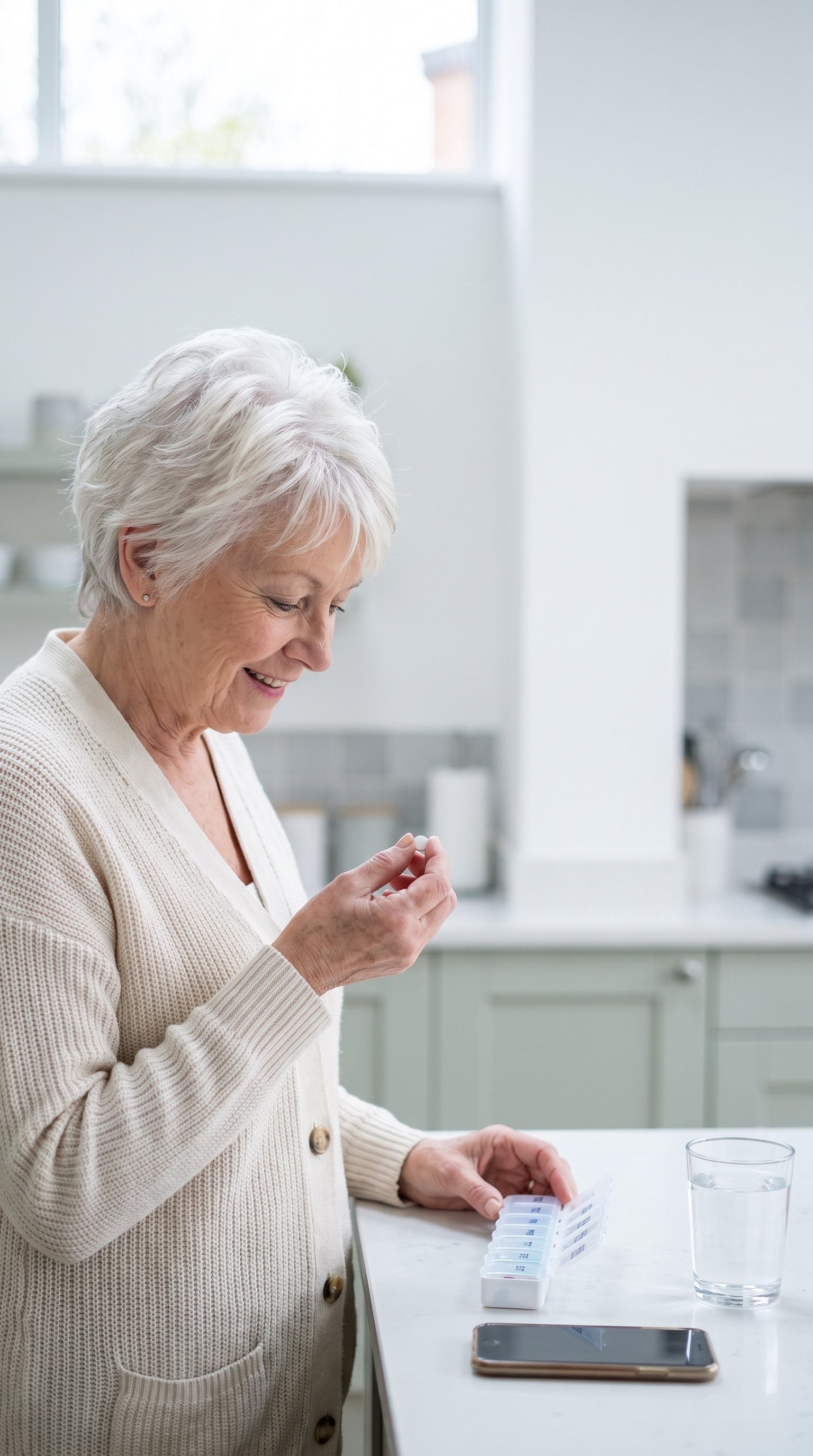 Eine Frau in ihren Siebzigern sortiert an der Küchentheke ihre Tabletten in eine Wochen-Tablettenbox.