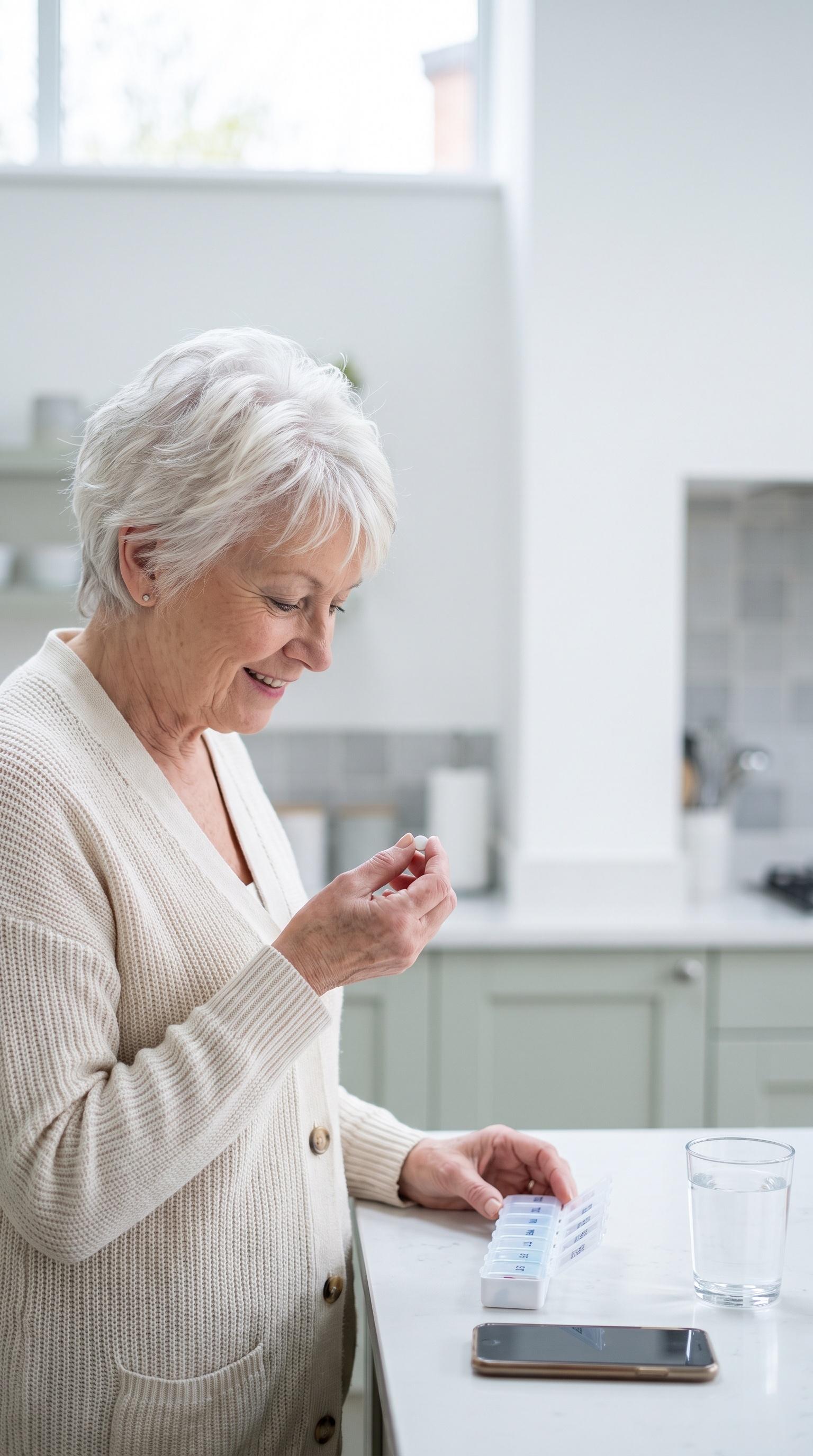 A woman in her 70s in a cream cardigan sorts pills into a weekly pill organizer at her kitchen counter.