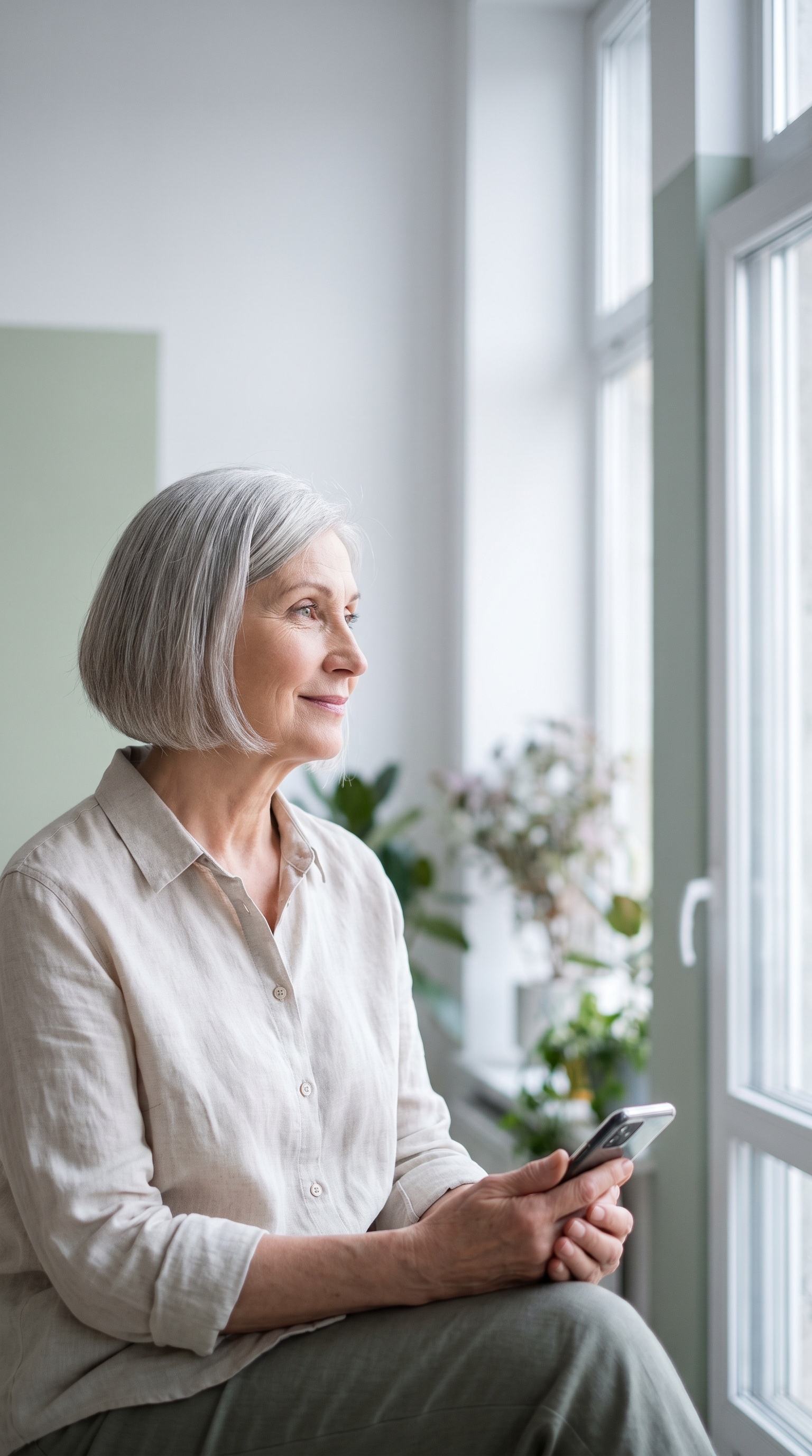 A woman in her seventies smiles at her phone over a cup of tea by the kitchen window.