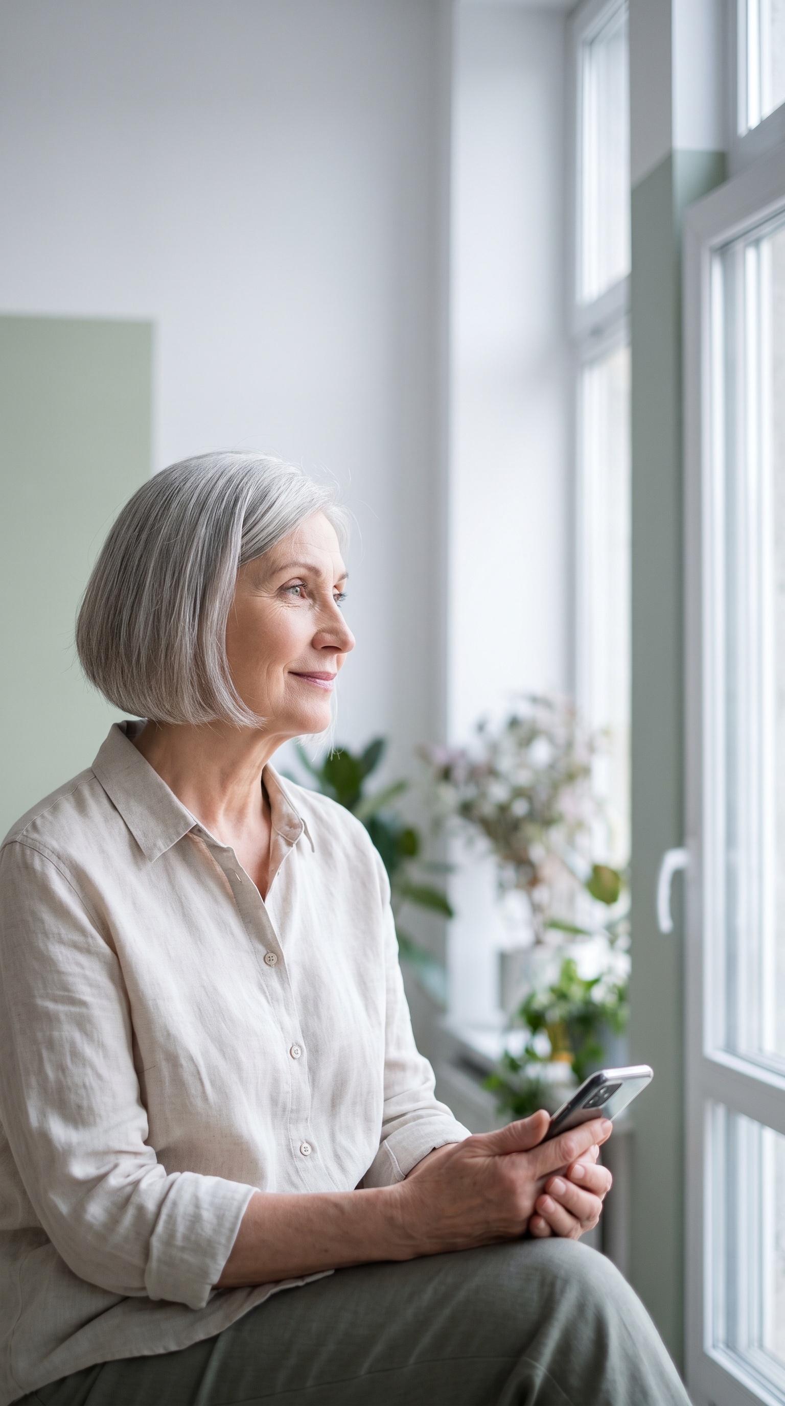 A woman in her 70s with a silver bob and a beige shirt sits by a bright window at home, holding her phone and looking outside.