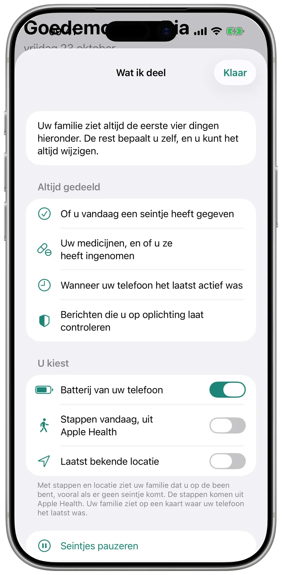 Mama’s scherm na haar seintje in Surewell, met de medicijnen van vandaag als Ingenomen of Later.