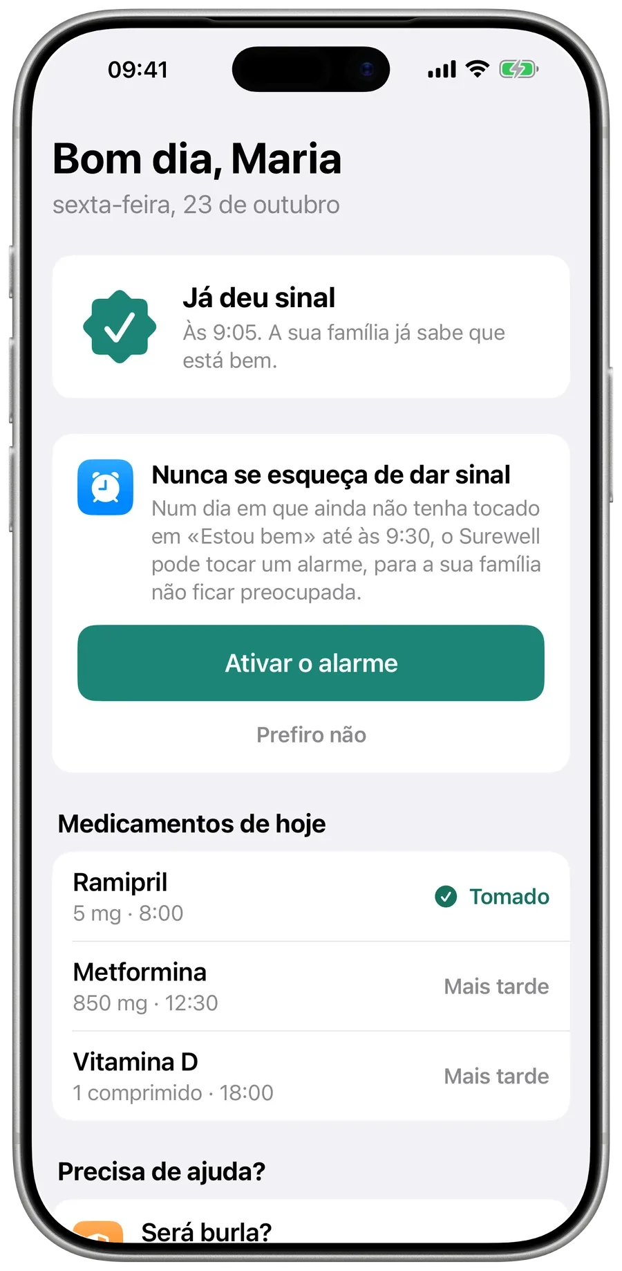 O ecrã da mãe no Surewell depois de dar sinal, com os medicamentos de hoje marcados como Tomado ou Mais tarde.