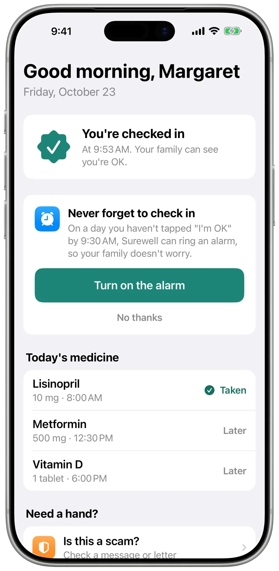 Mom’s checked-in screen in Surewell, with today’s medicines marked Taken or Later.