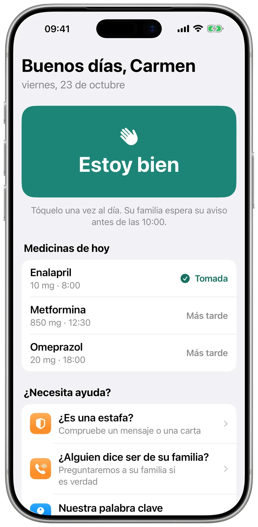 La pantalla de inicio de Mamá en Surewell: un gran botón verde Estoy bien y las medicinas de hoy.