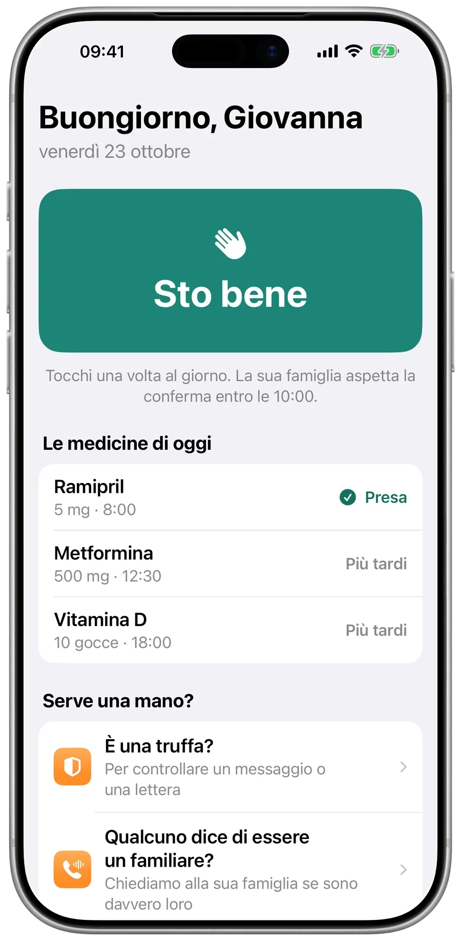 La schermata principale della mamma in Surewell: un grande pulsante verde Sto bene e le medicine di oggi.