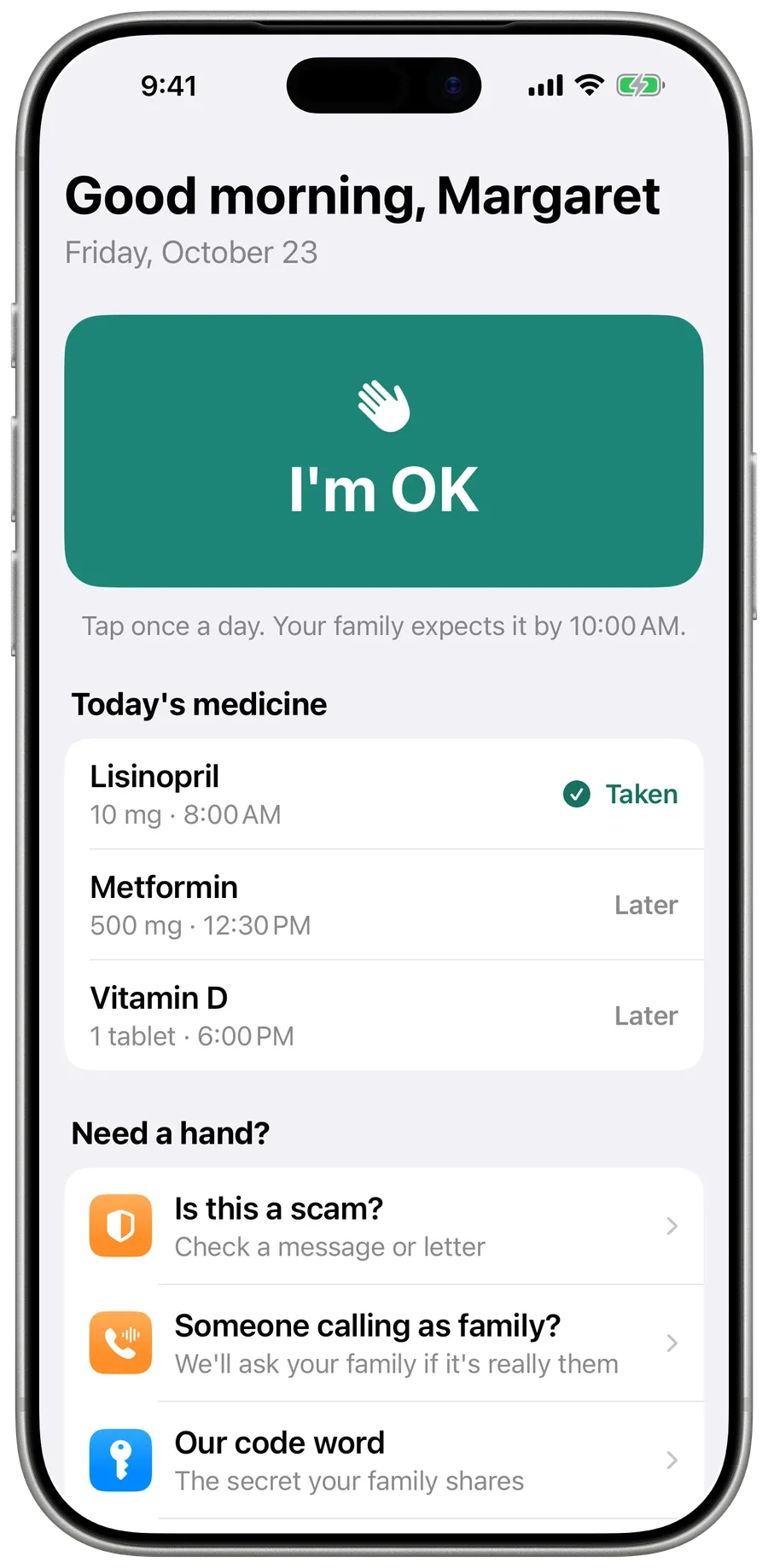 Mom’s home screen in Surewell: a large green I’m OK button and today’s medicines.