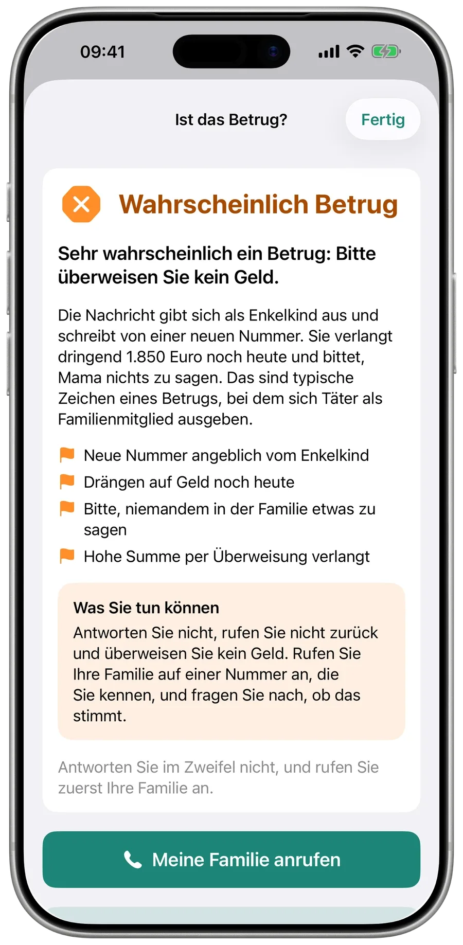 Surewells Antwort auf eine Enkeltrick-Nachricht: Wahrscheinlich Betrug, mit den Warnzeichen und was zu tun ist.