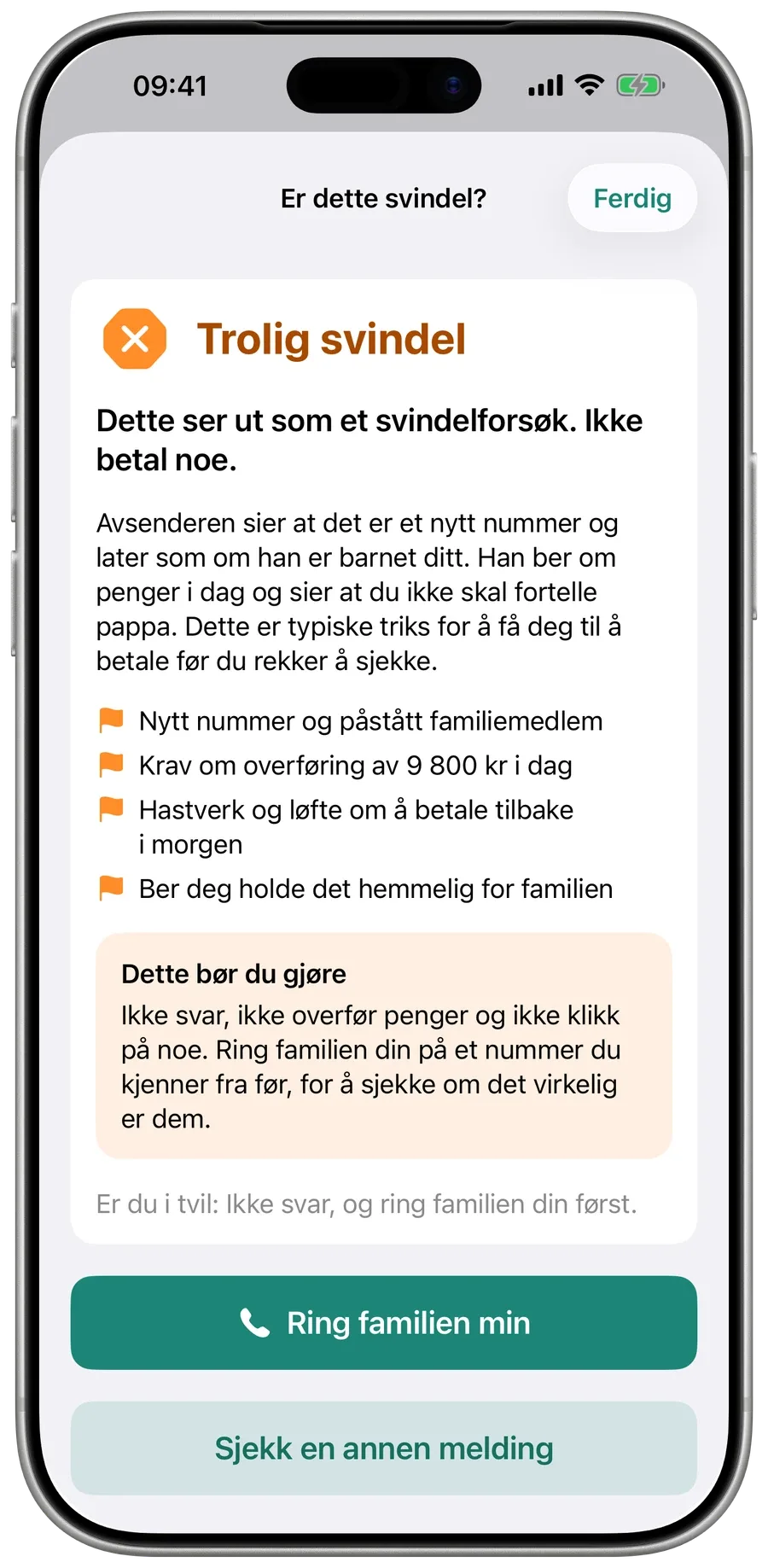 Surewells svar på en svindel-SMS til en besteforelder: Trolig svindel, med varseltegnene og hva hun bør gjøre.