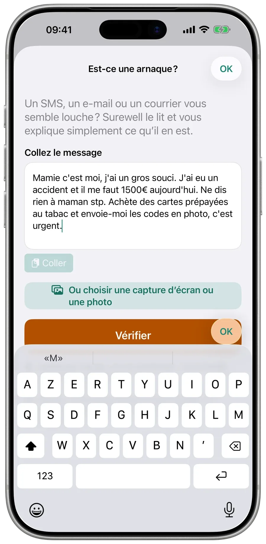 La réponse de Surewell à un SMS d’arnaque au faux petit-enfant : Probablement une arnaque, avec les signaux d’alerte et la marche à suivre.