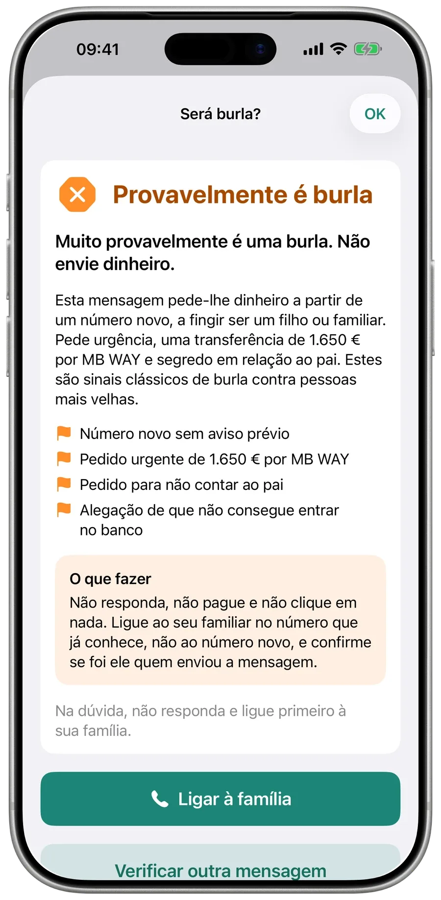 A resposta do Surewell à mensagem do falso filho com número novo: Provavelmente é burla, com os sinais de alerta e o que fazer.