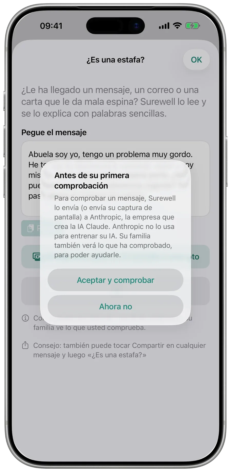 La pantalla de Mamá en Surewell después de avisar, con las medicinas de hoy marcadas como Tomada o Más tarde.