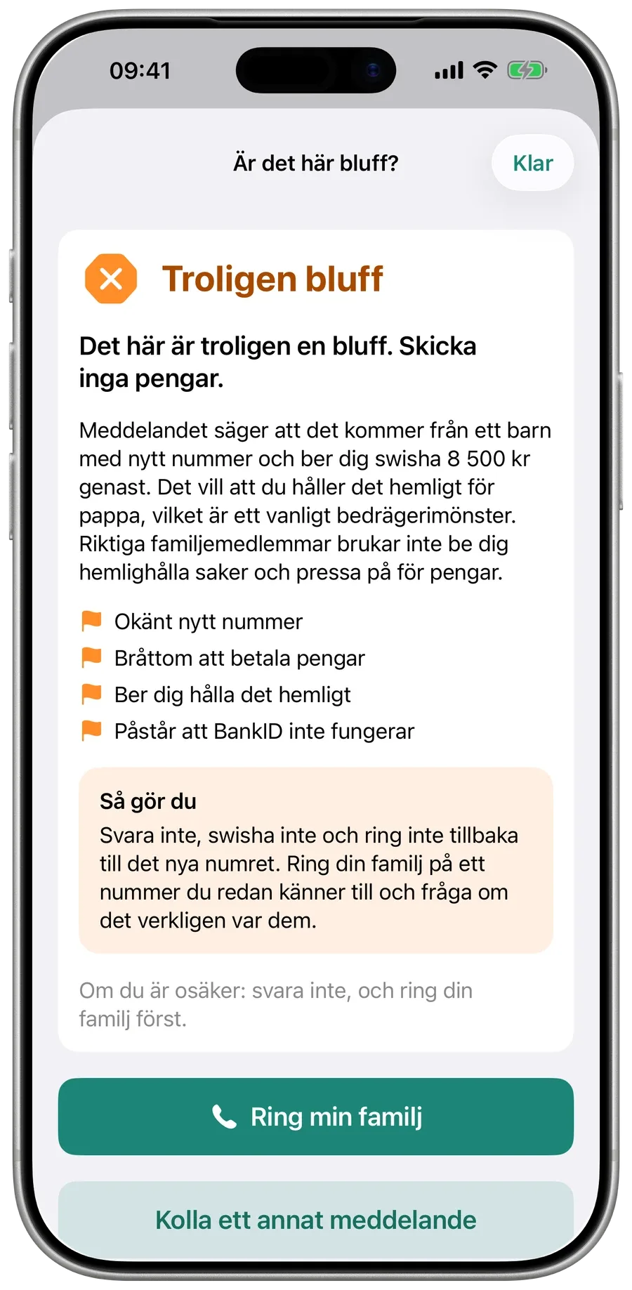 Surewells svar på ett bluff-sms till en mor- eller farförälder: Troligen bluff, med varningstecknen och vad hon ska göra.