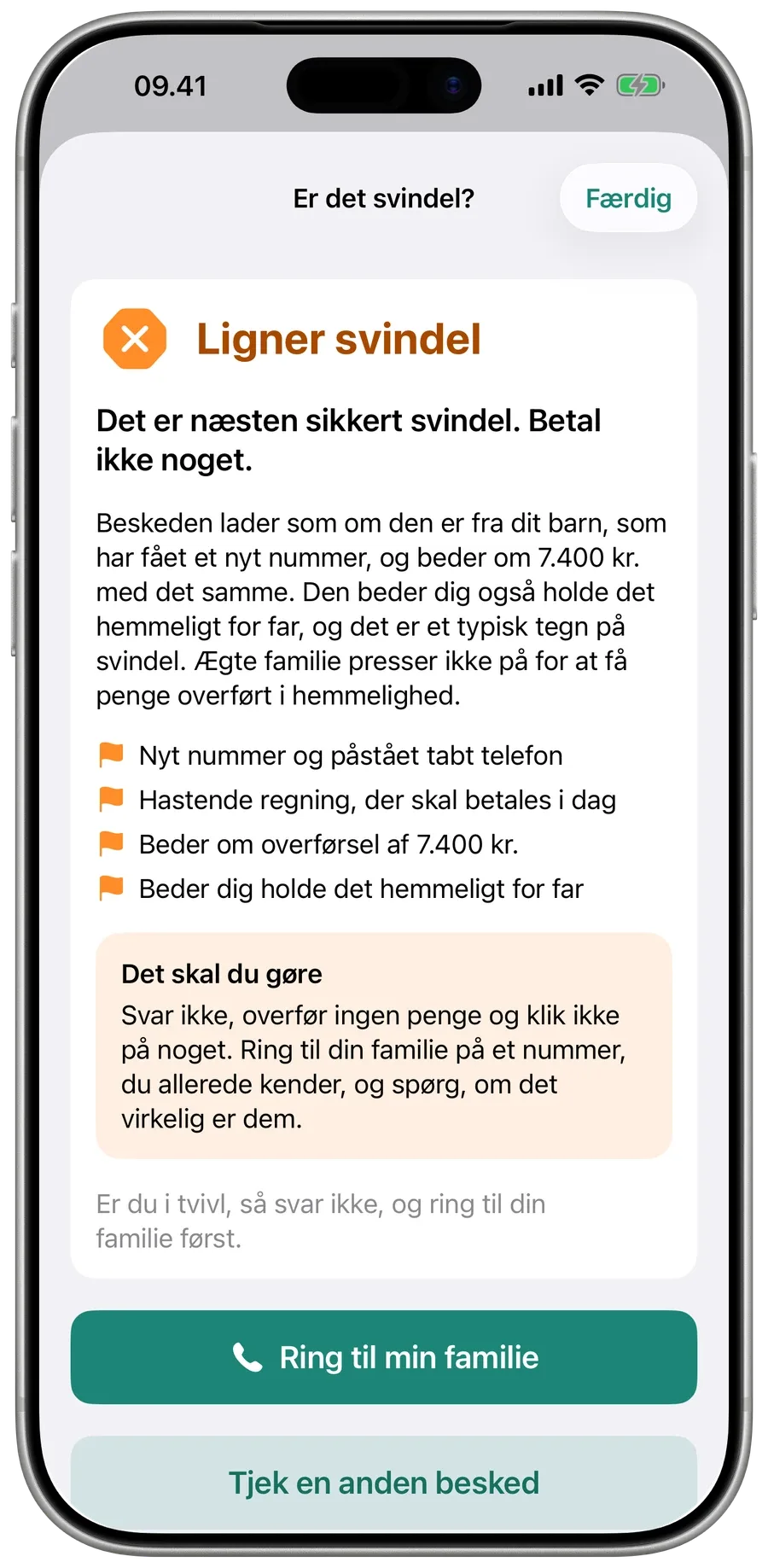 Surewells svar på en svindel-sms til en bedsteforælder: Ligner svindel, med advarselstegnene og hvad hun skal gøre.