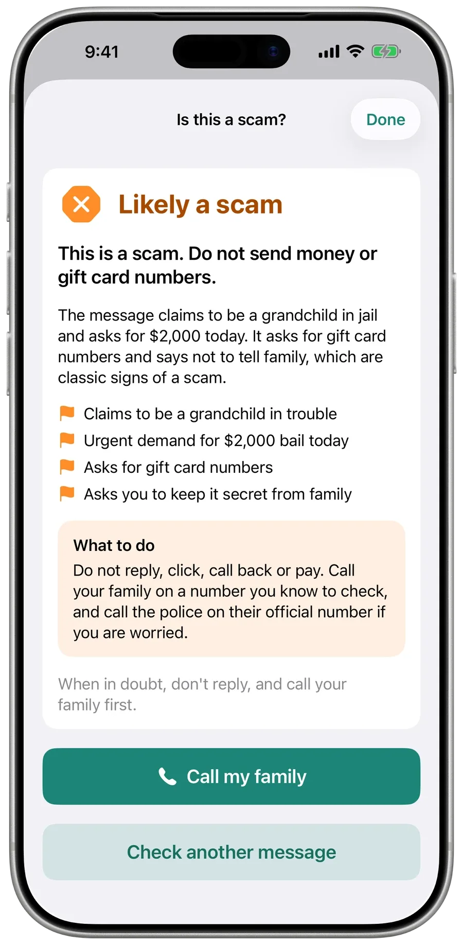 Surewell’s answer to a grandparent scam text: Likely a scam, with the warning signs and what to do.