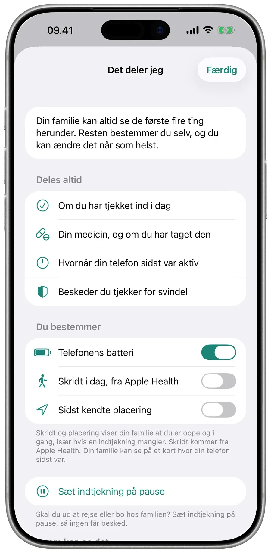 Det deler jeg, i Surewell på forælderens telefon: hvad familien altid ser, og knapper til batteri, skridt og placering.