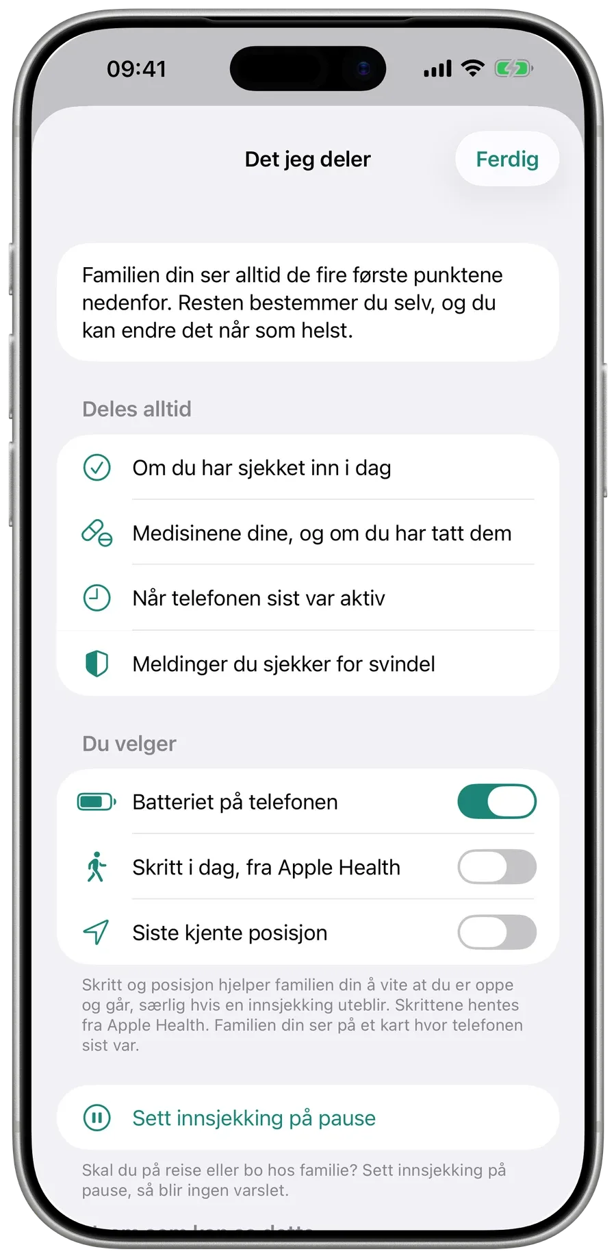 Det jeg deler, i Surewell på forelderens telefon: hva familien alltid ser, og brytere for batteri, skritt og posisjon.