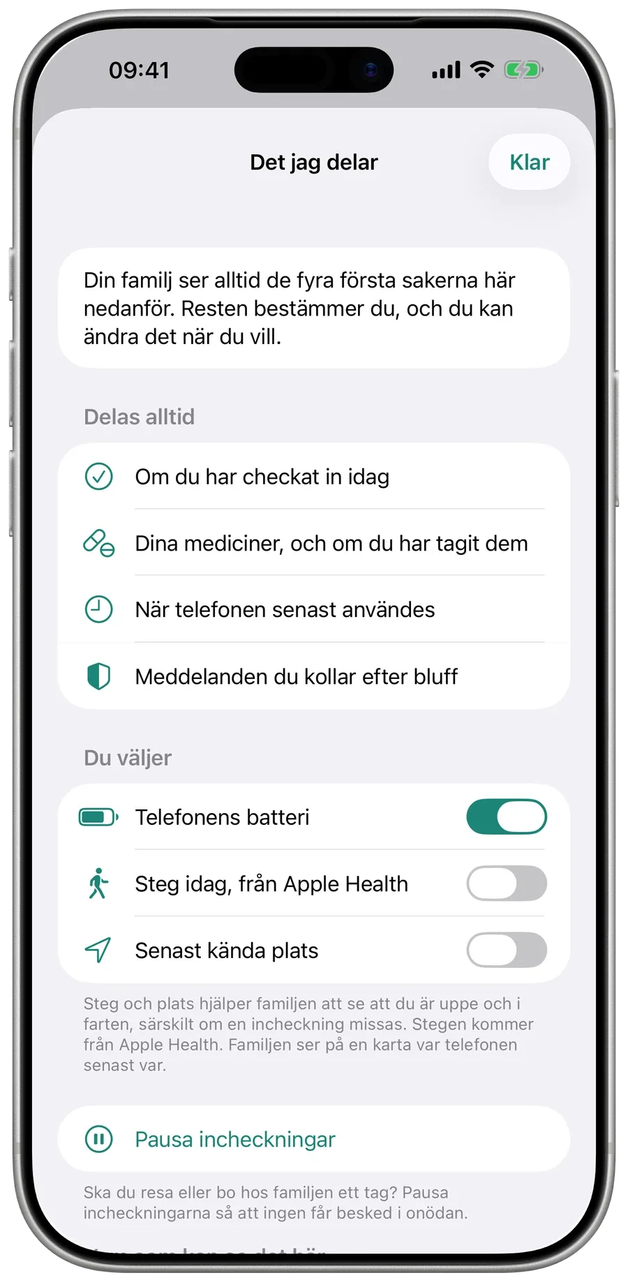 Det jag delar, i Surewell i förälderns telefon: vad familjen alltid ser, och reglage för batteri, steg och plats.