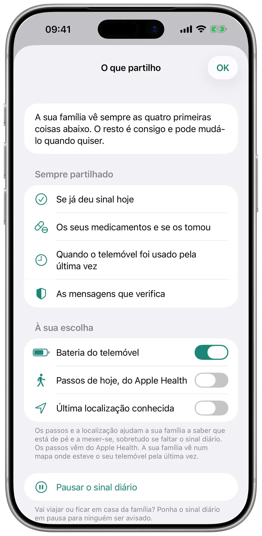 O que partilho, no Surewell no telemóvel dos pais: o que a família vê sempre e os interruptores da bateria, dos passos e da localização.