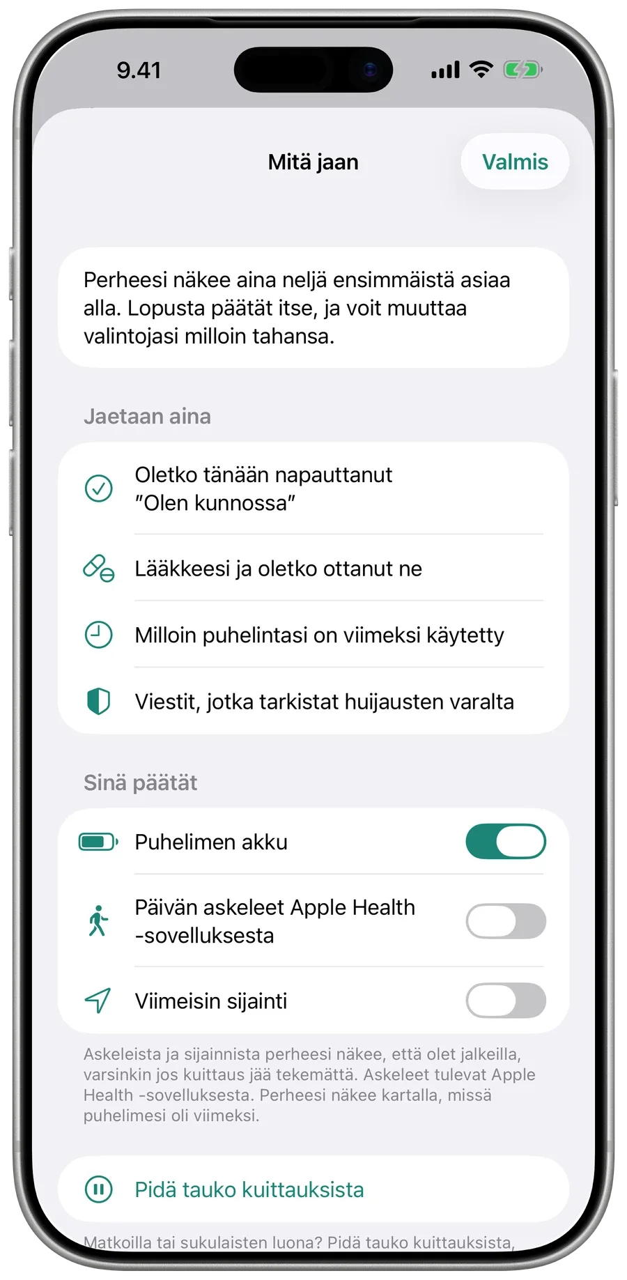 Mitä jaan -näkymä vanhemman puhelimessa Surewellissä: mitä perhe näkee aina, ja kytkimet akulle, askeleille ja sijainnille.