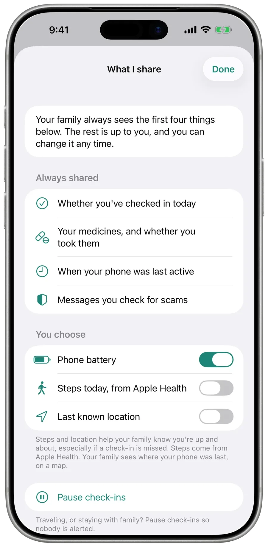 What I share, in Surewell on the parent’s phone: what the family always sees, and switches for battery, steps and location.