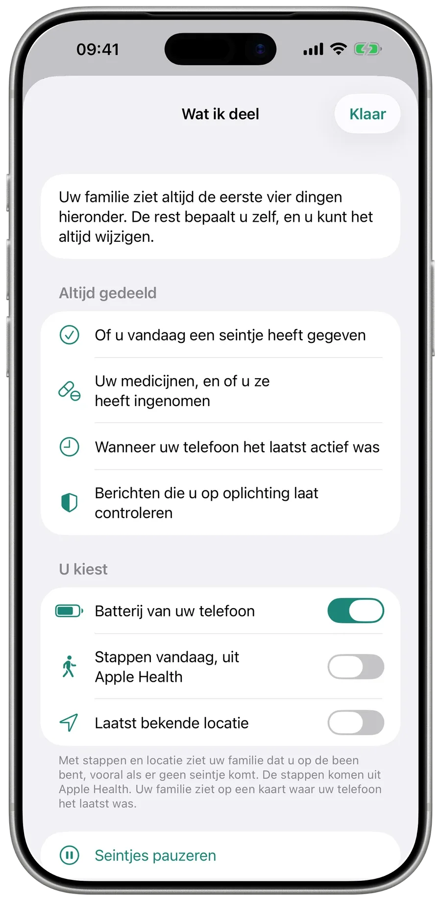 Wat ik deel, in Surewell op de telefoon van de ouder: wat de familie altijd ziet, en schakelaars voor batterij, stappen en locatie.