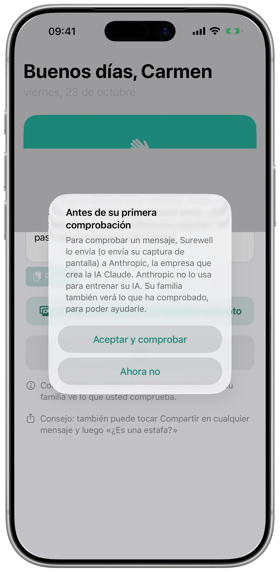 Lo que comparto, en Surewell en el móvil de los padres: lo que la familia ve siempre e interruptores para batería, pasos y ubicación.