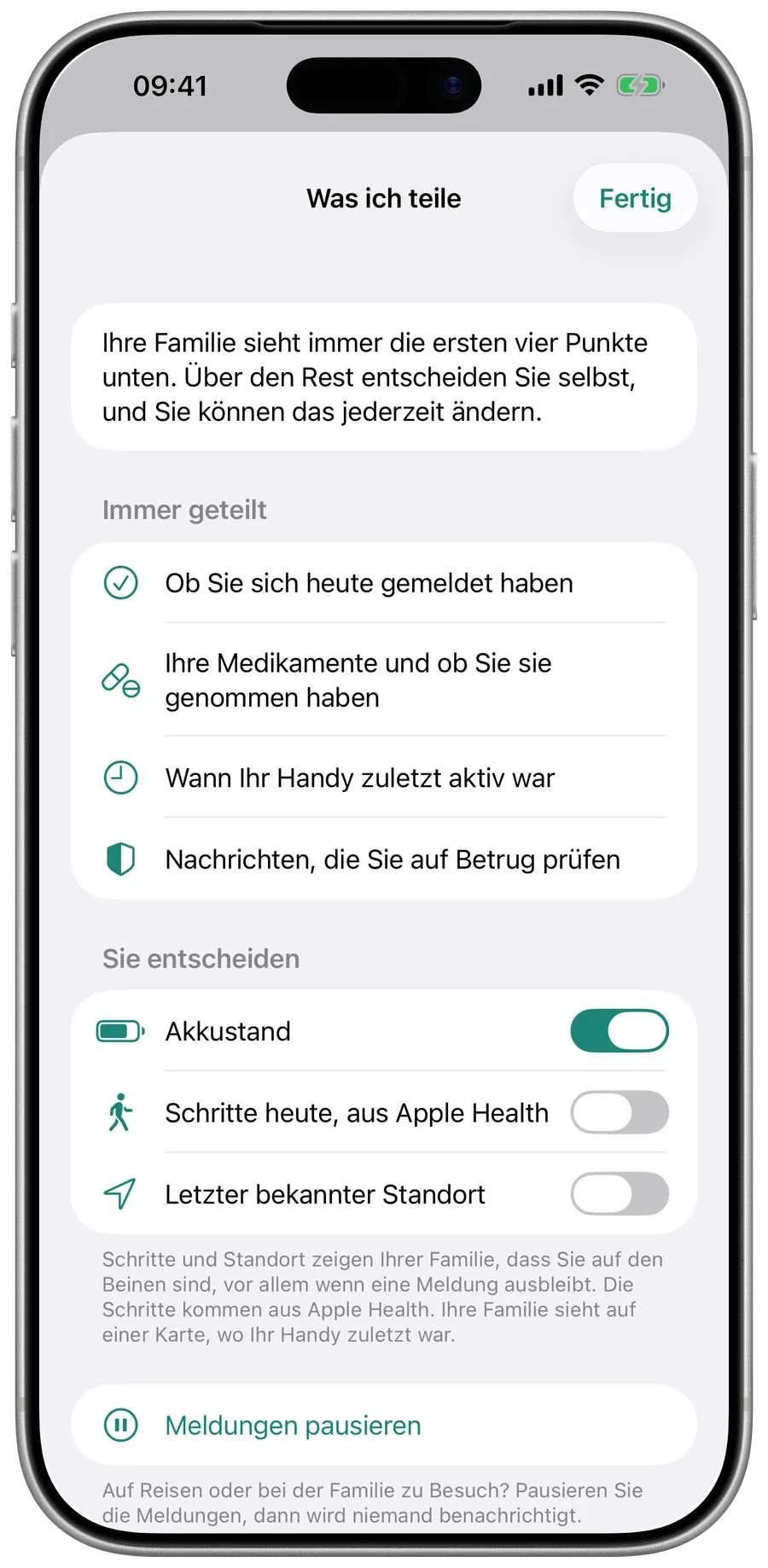 „Was ich teile“ in Surewell auf dem Handy der Eltern: was die Familie immer sieht, und Schalter für Akkustand, Schritte und Standort.