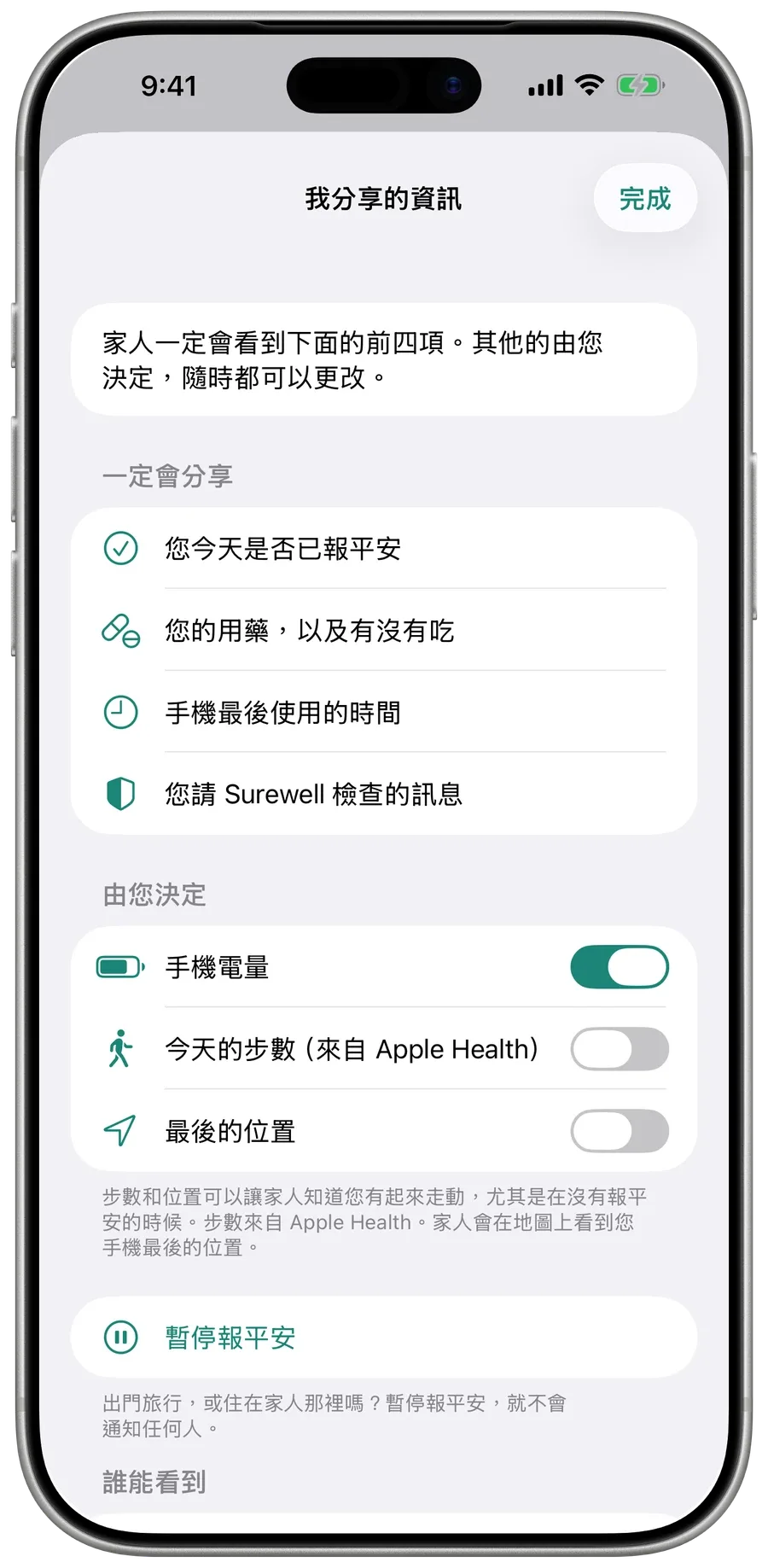長輩手機上的 Surewell「我分享的資訊」：家人一定看得到的項目，以及電量、步數和位置的開關。