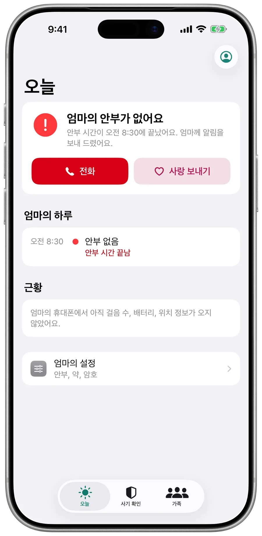 안부가 없을 때 Surewell의 ‘오늘’ 화면: ‘엄마의 안부가 없어요’와 ‘전화’, ‘사랑 보내기’ 버튼.