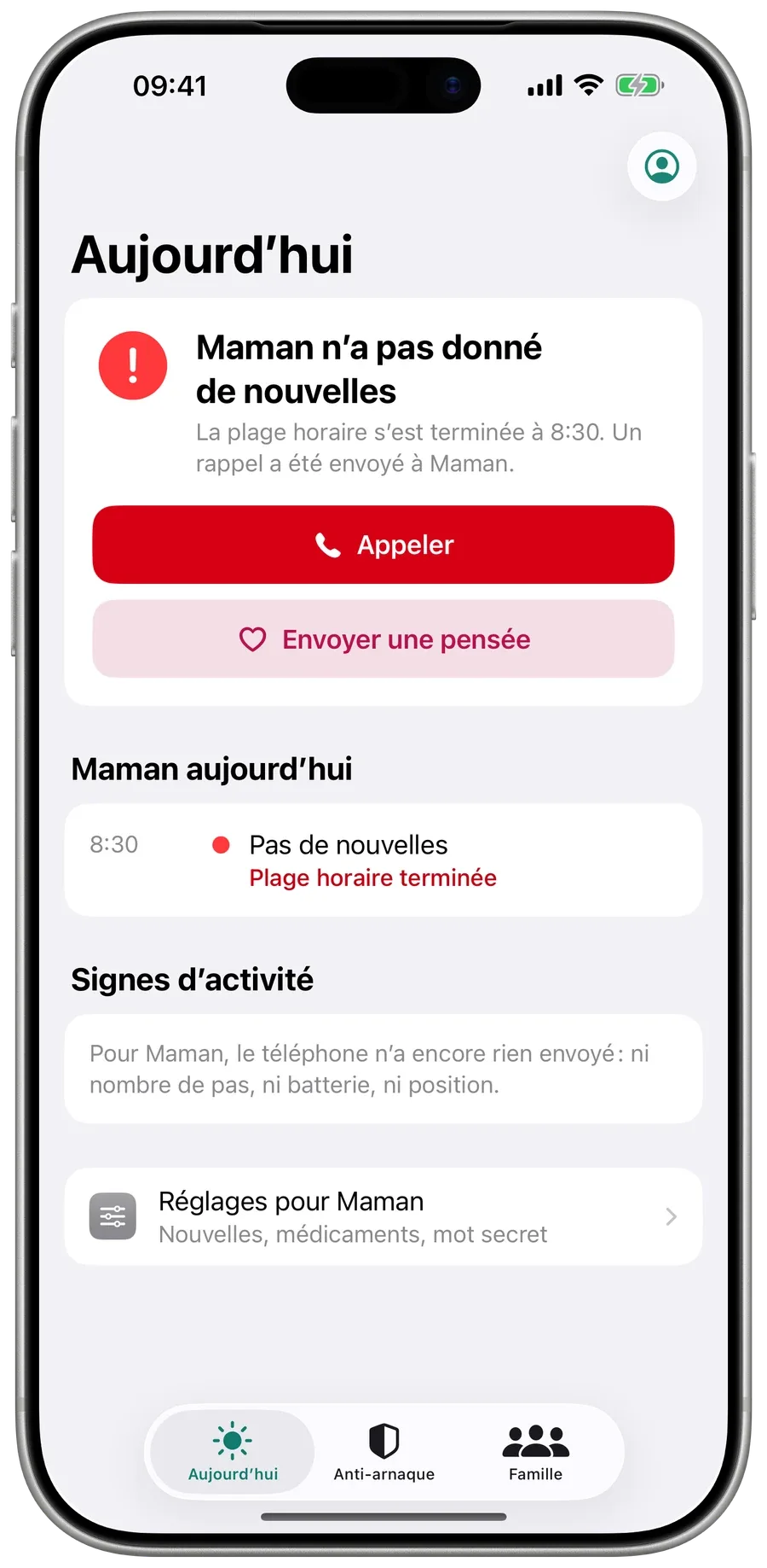 Aujourd’hui dans Surewell quand les nouvelles manquent : Maman n’a pas donné de nouvelles, avec les boutons Appeler et Envoyer une pensée.