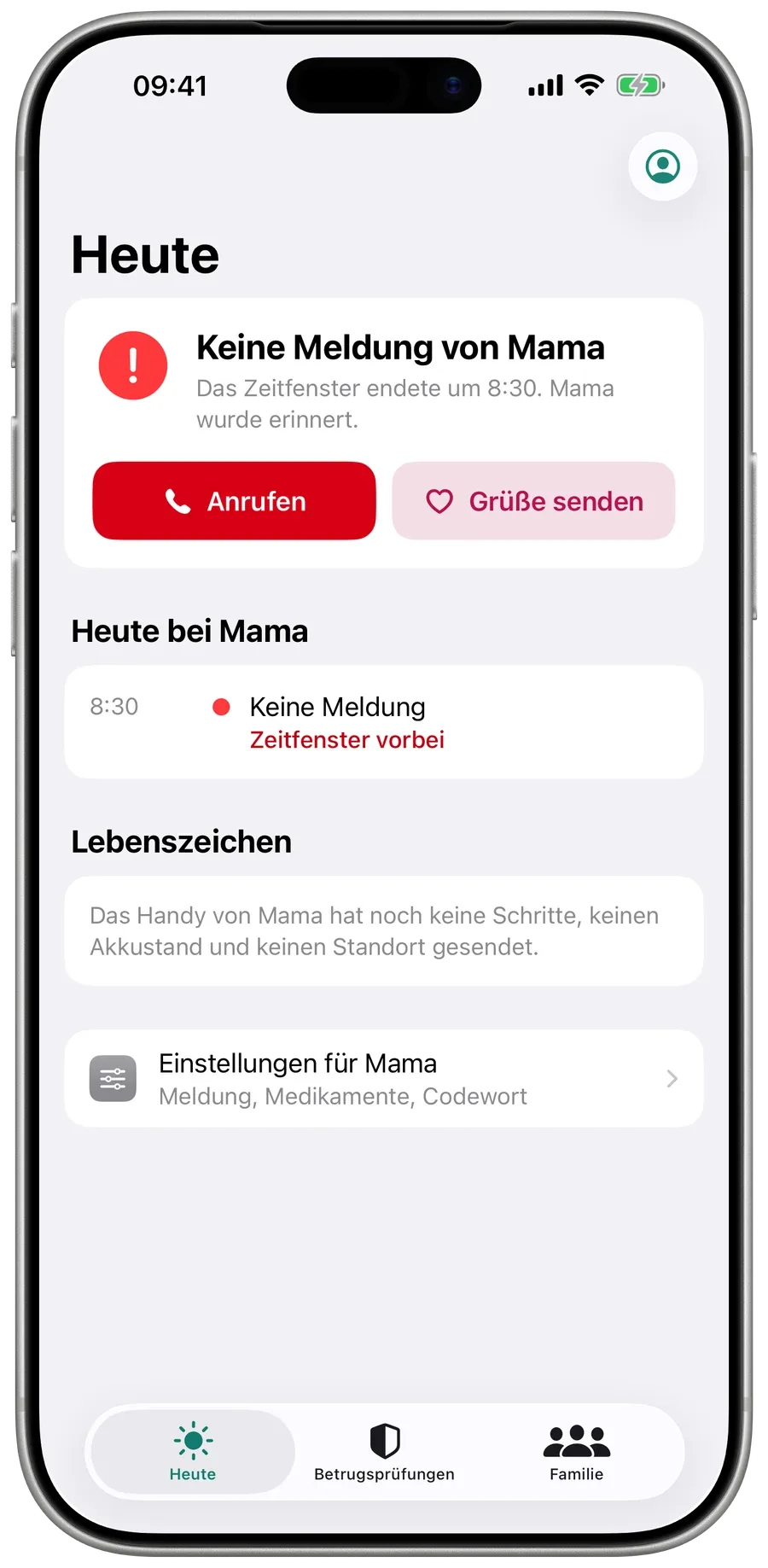 „Heute“ in Surewell bei ausbleibender Meldung: Keine Meldung von Mama, mit den Tasten „Anrufen“ und „Grüße senden“.
