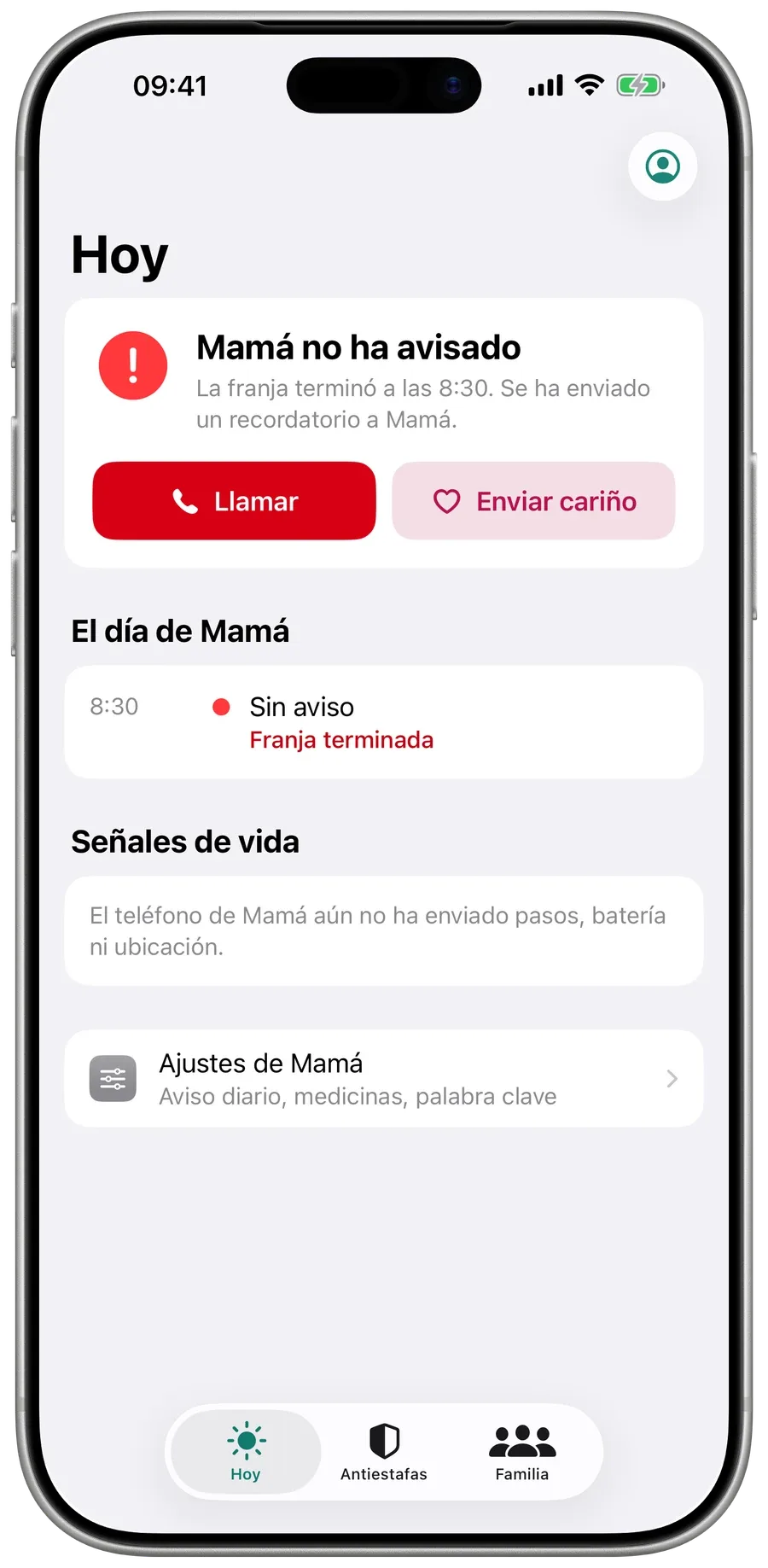 Hoy en Surewell cuando falta un aviso: Mamá no ha avisado, con los botones Llamar y Enviar cariño.