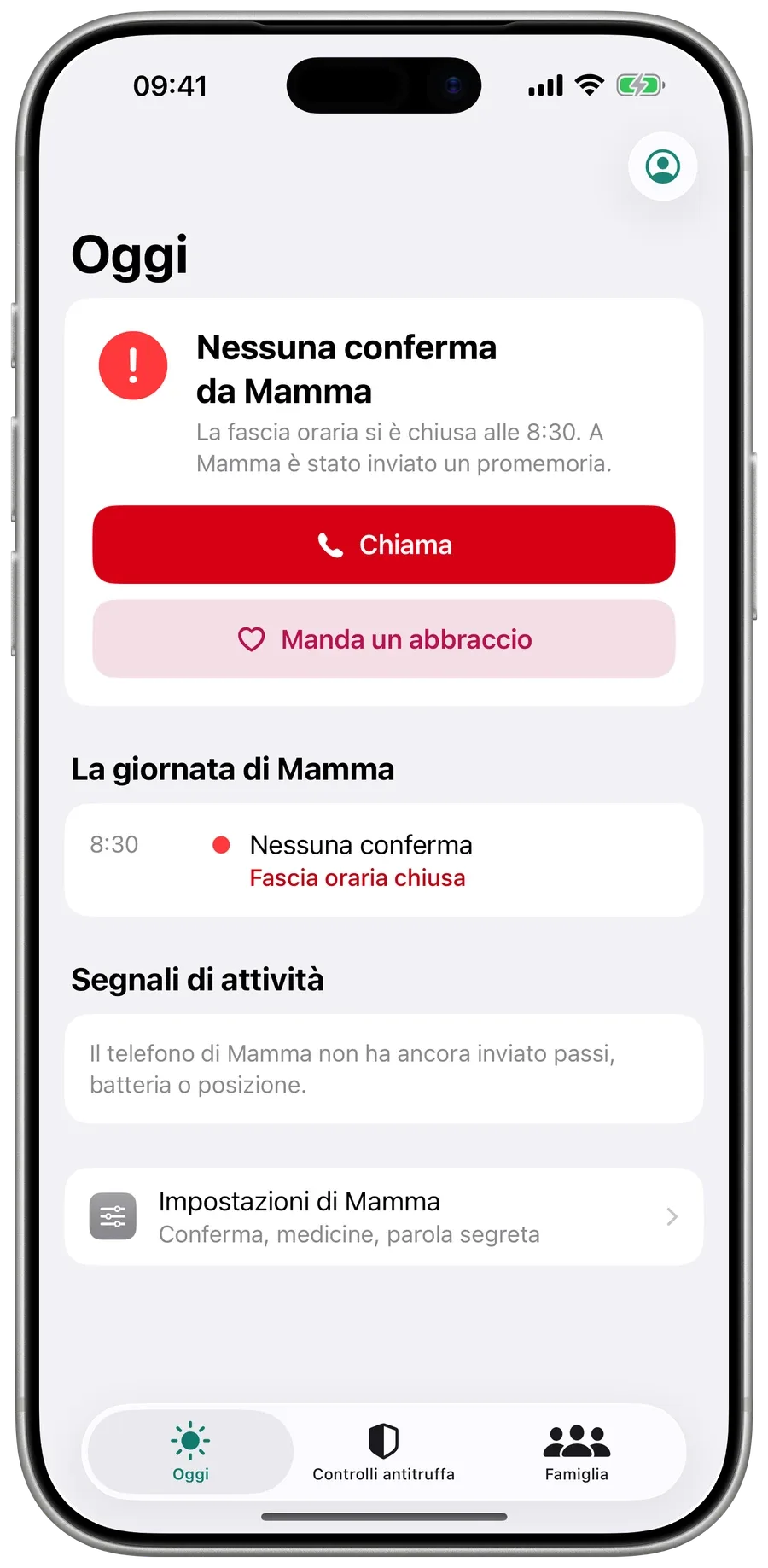 Oggi in Surewell quando manca una conferma: Nessuna conferma da Mamma, con i pulsanti Chiama e Manda un abbraccio.