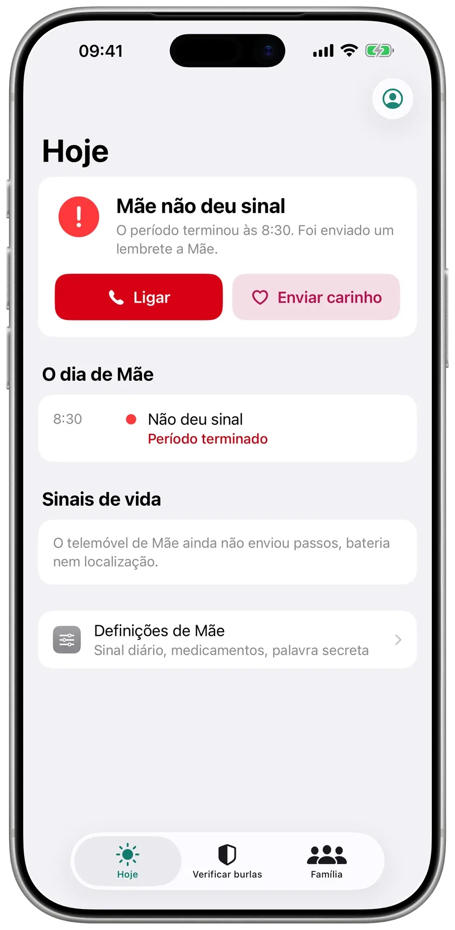 O ecrã Hoje no Surewell quando falta o sinal: Mãe não deu sinal, com os botões Ligar e Enviar carinho.