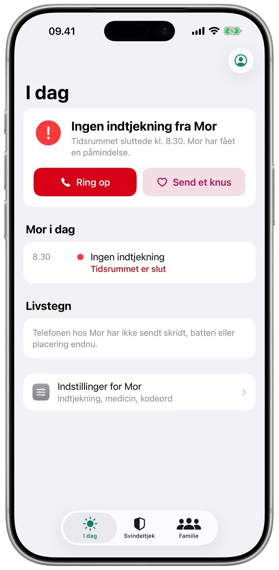 I dag i Surewell, når en indtjekning mangler: Ingen indtjekning fra Mor, med knapperne Ring op og Send et knus.