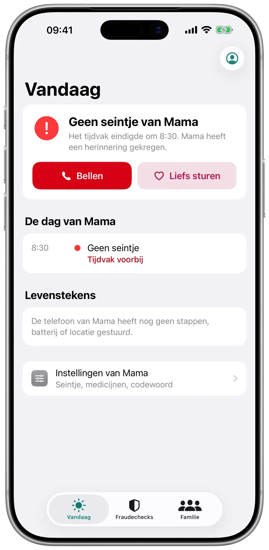 Vandaag in Surewell bij een gemist seintje: Geen seintje van mama, met de knoppen Bellen en Liefs sturen.