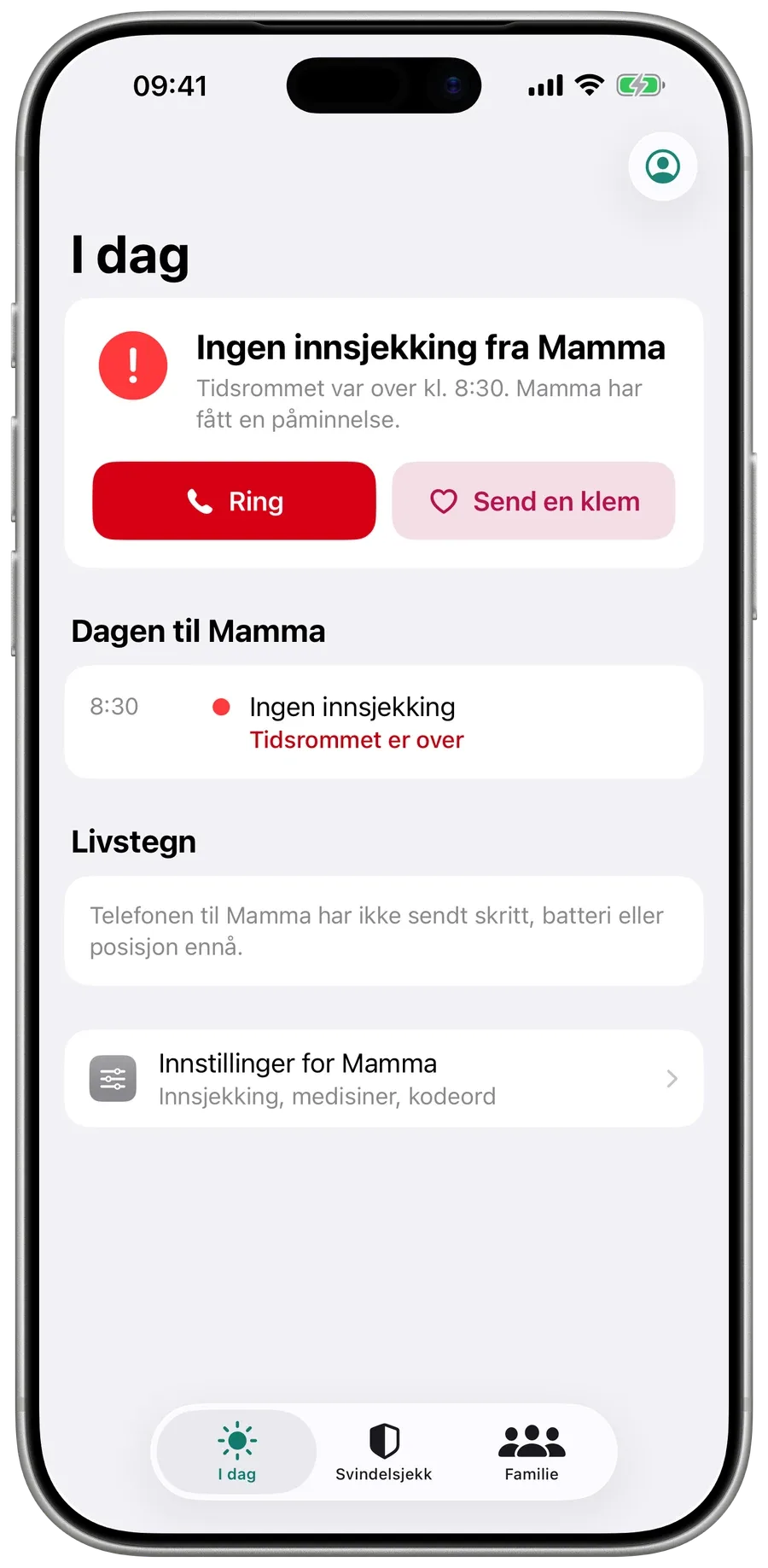 I dag i Surewell når en innsjekking uteblir: Ingen innsjekking fra Mamma, med knappene Ring og Send en klem.