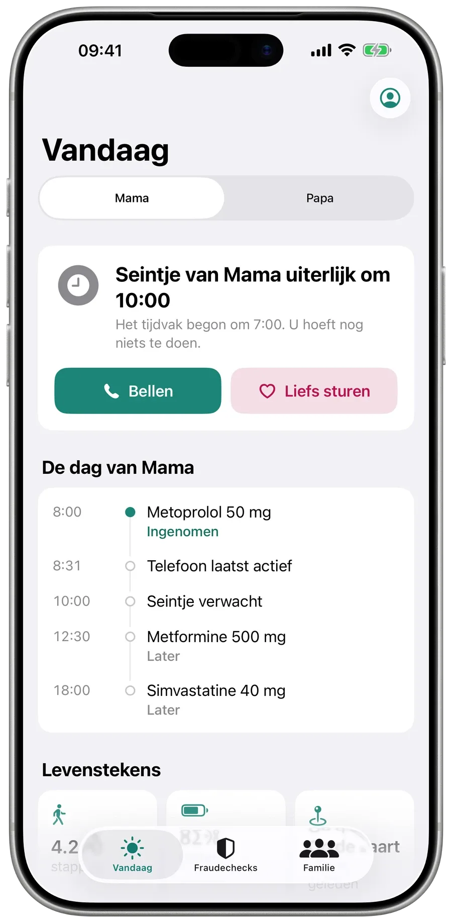Het scherm Vandaag van de familie in Surewell: met mama is alles goed, seintje om 08:12, met haar dag eronder.