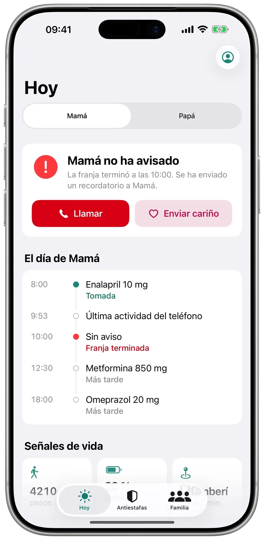 La pantalla Hoy de la familia en Surewell: Mamá está bien, avisó a las 8:12, con su día debajo.
