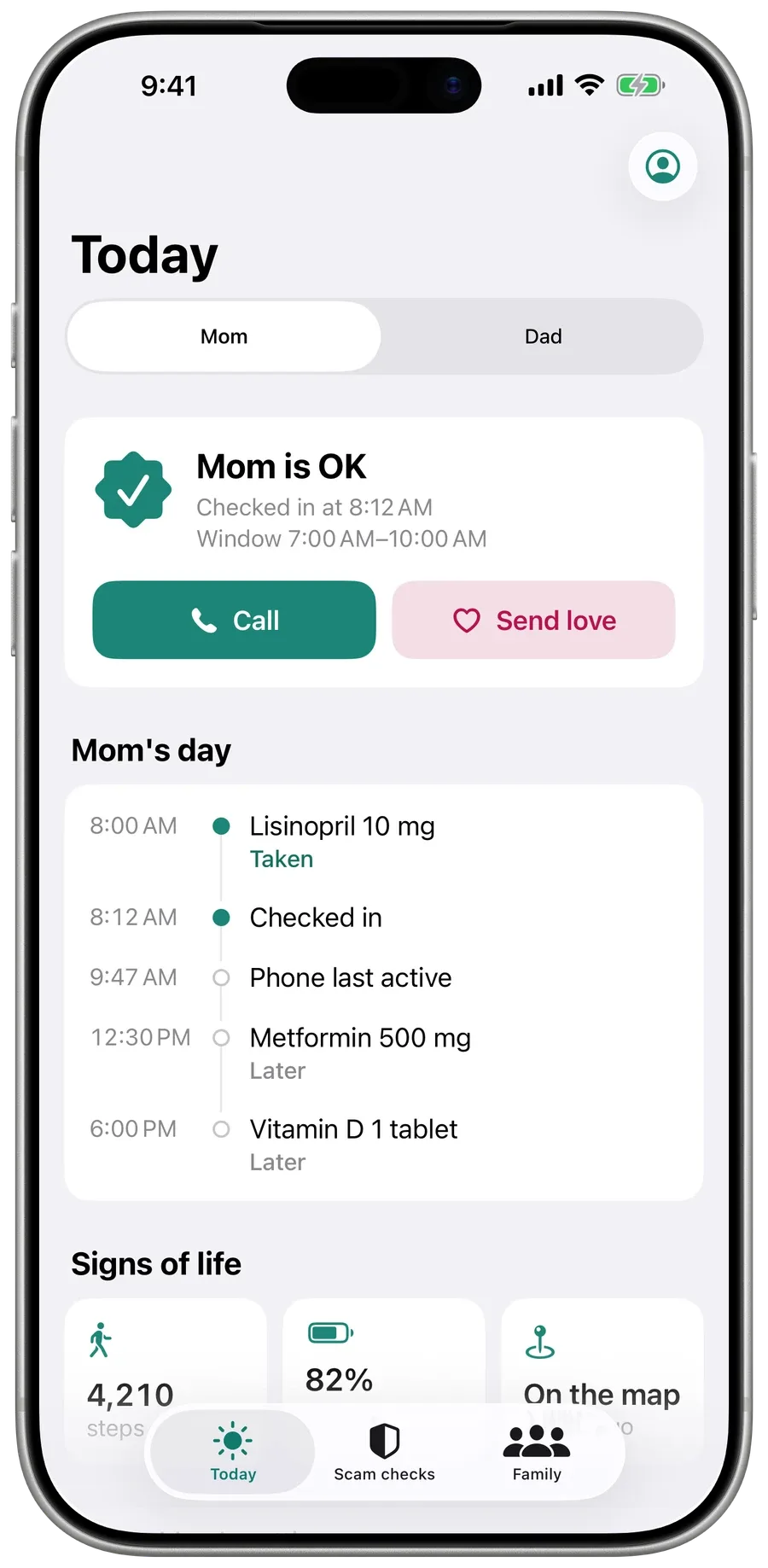 The family’s Today screen in Surewell: Mom is OK, checked in at 8:12 AM, with her day below.